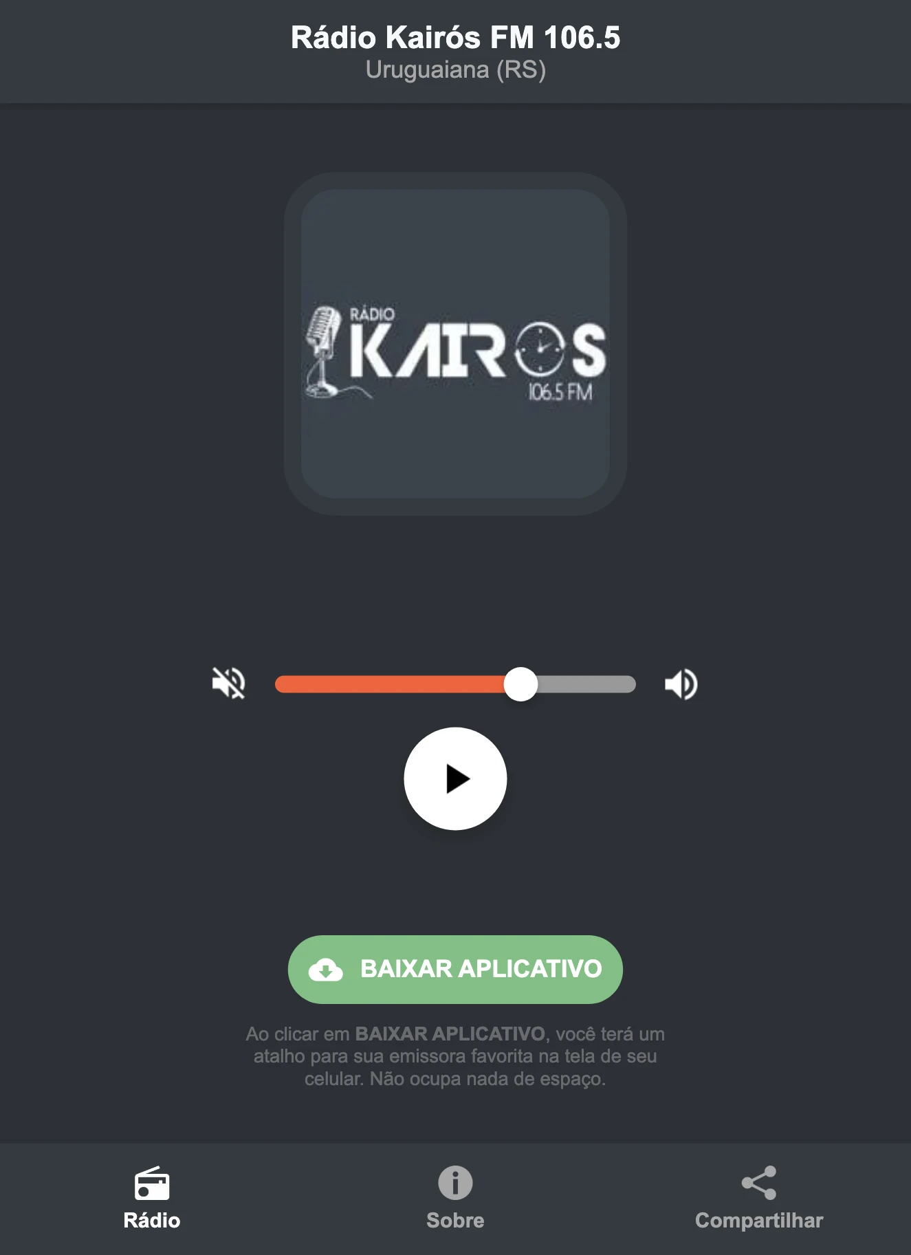 Screenshot do aplicativo da Rádio Kairós FM 106.5