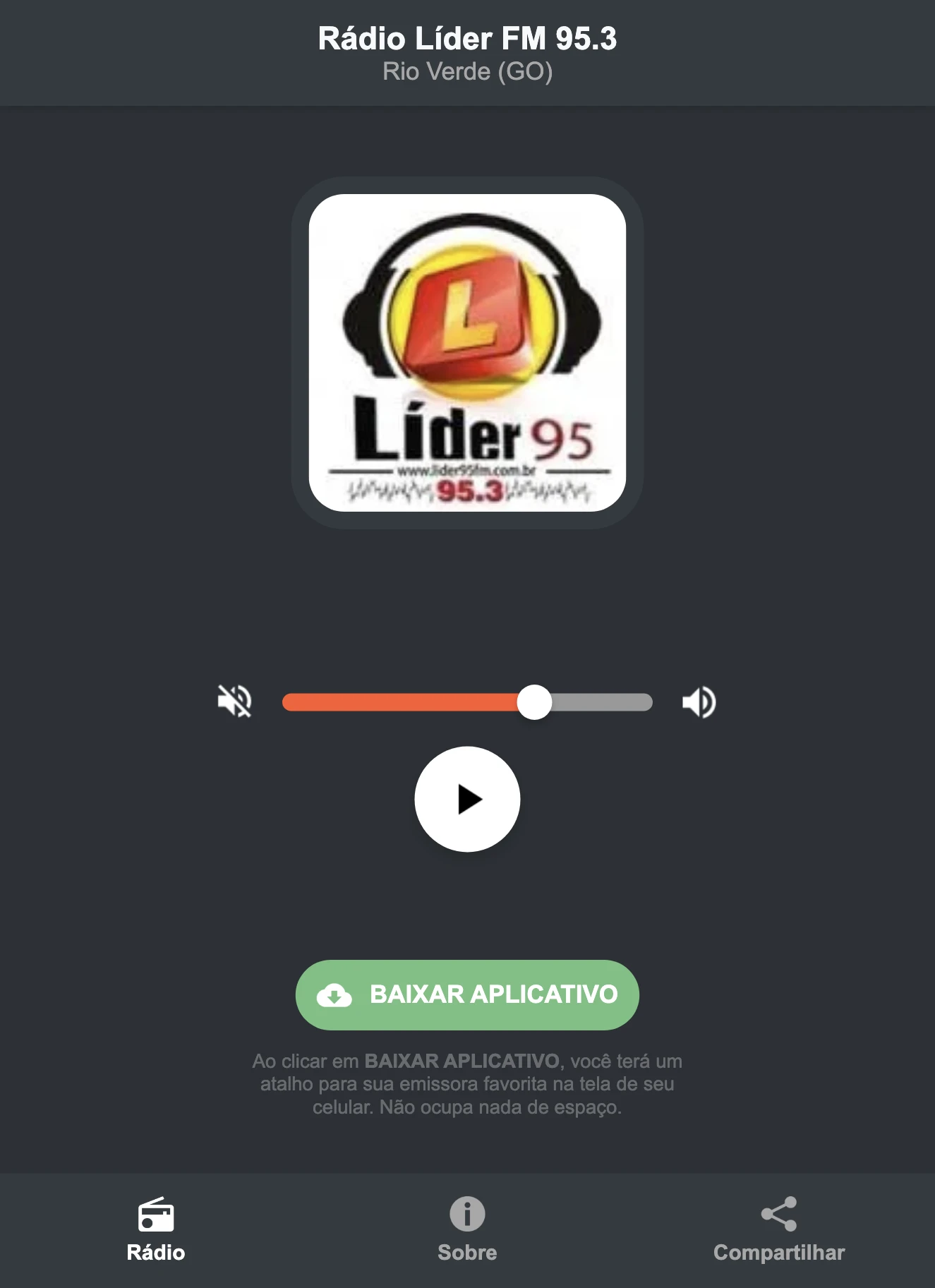 Screenshot do aplicativo da Rádio Líder FM 95.3