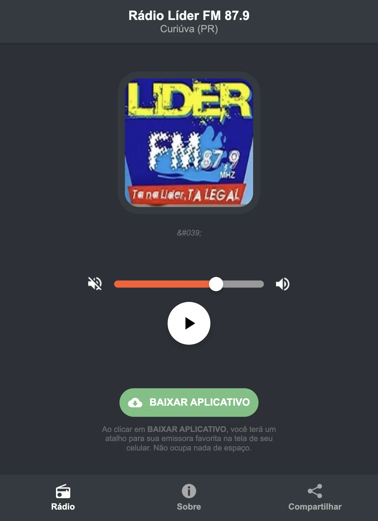 Screenshot do aplicativo da Rádio Líder FM 87.9