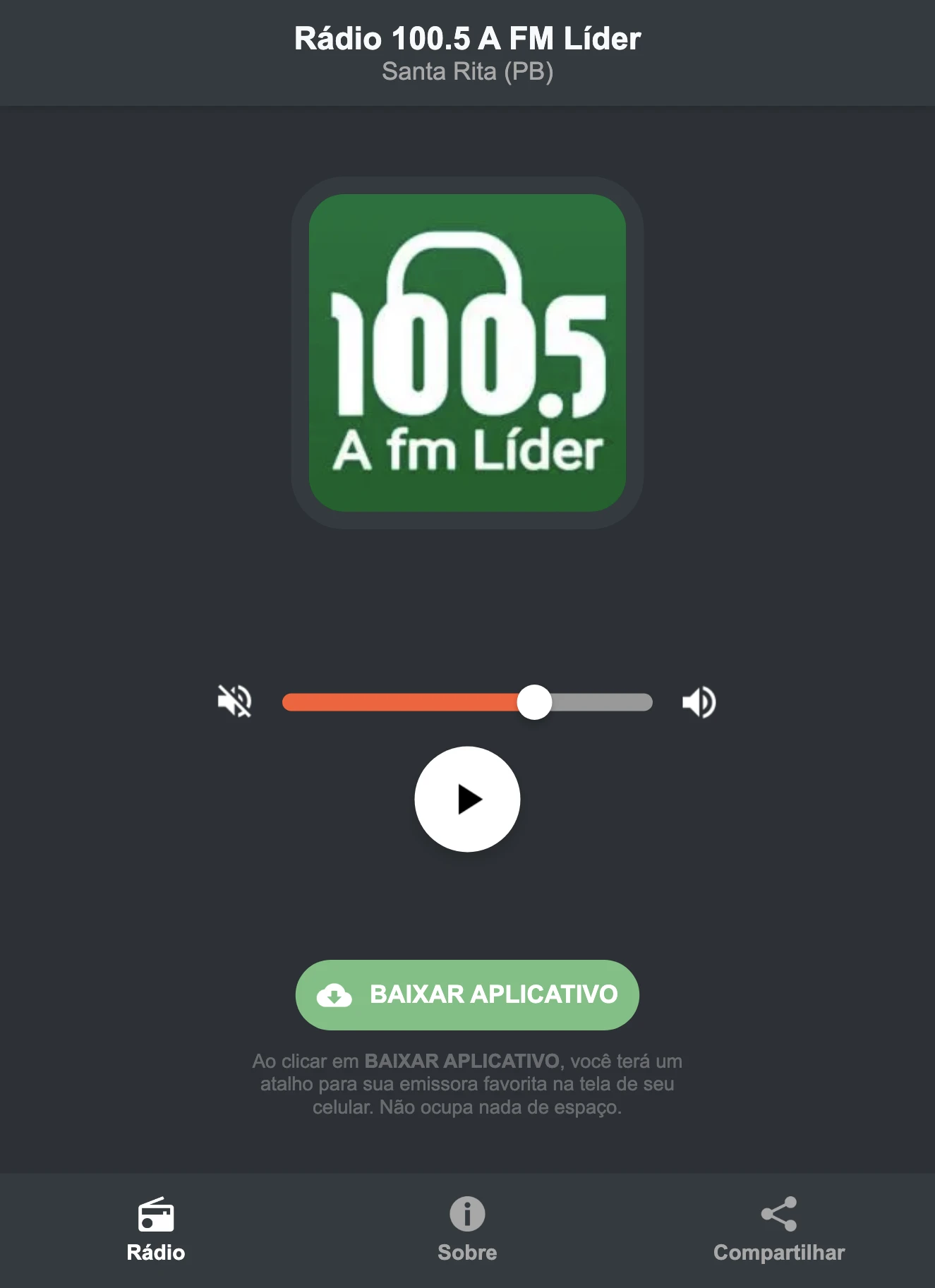 Screenshot do aplicativo da Rádio 100.5 A FM Líder