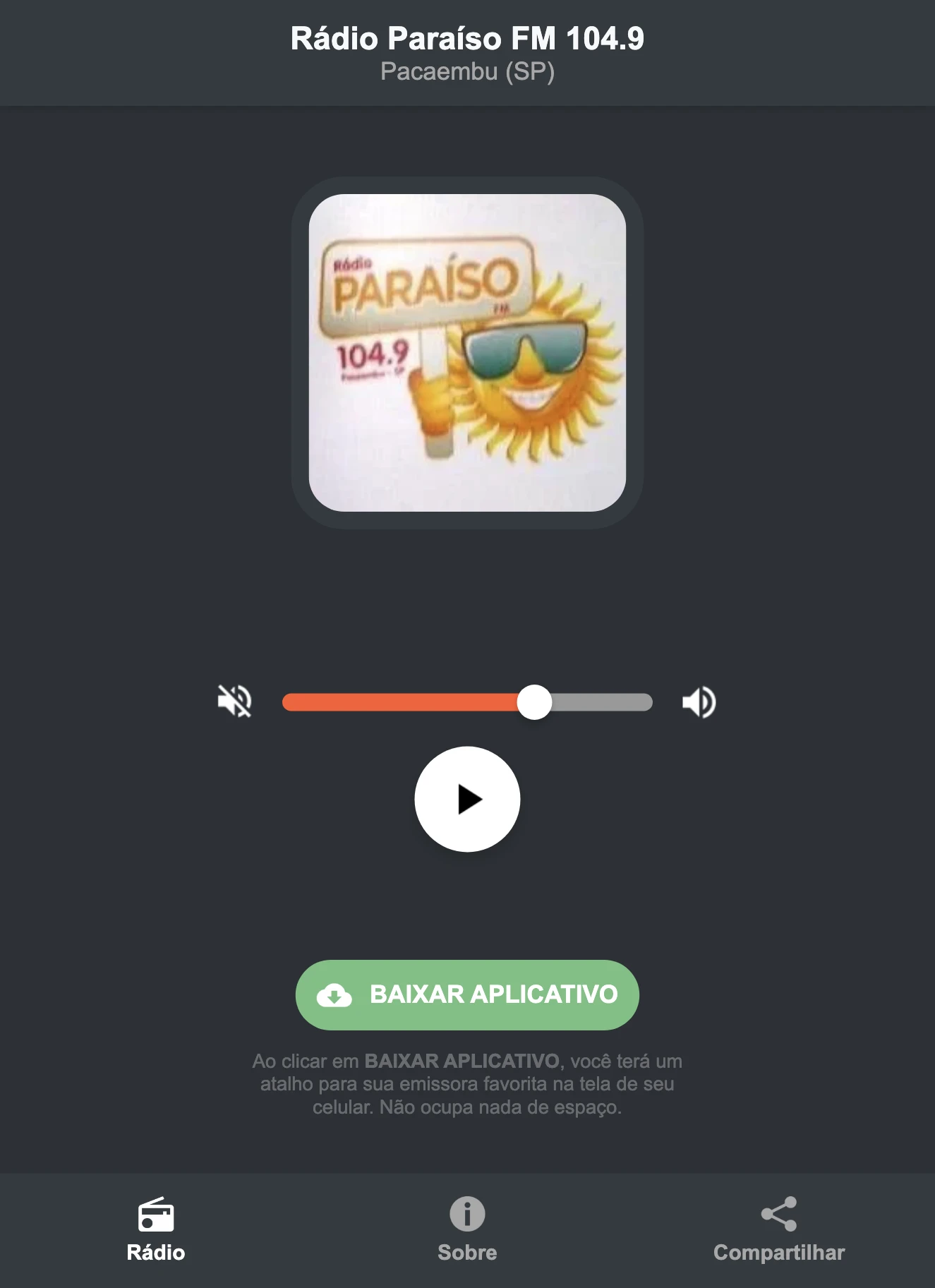 Screenshot do aplicativo da Rádio Paraíso FM 104.9