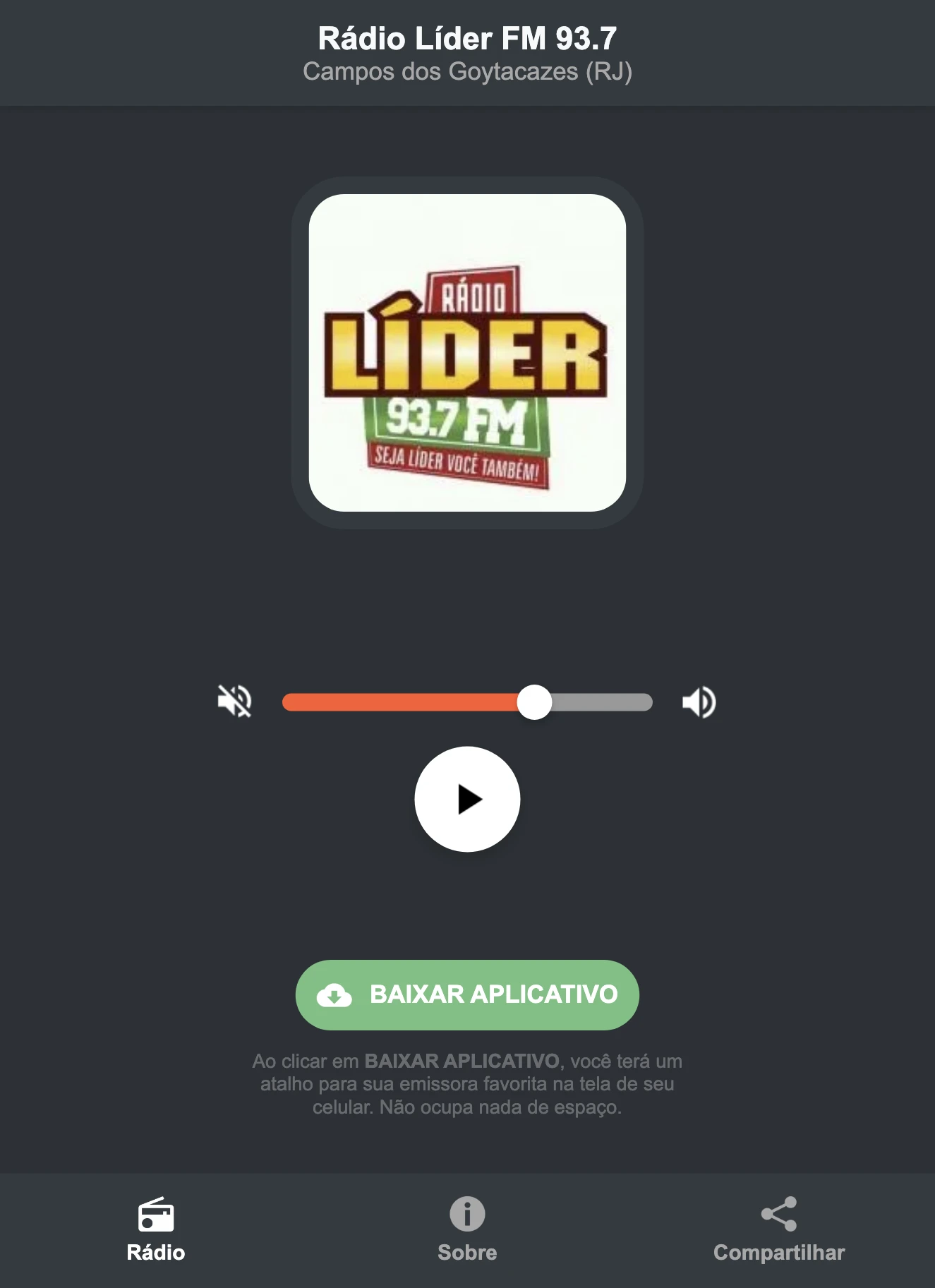 Screenshot do aplicativo da Rádio Líder FM 93.7