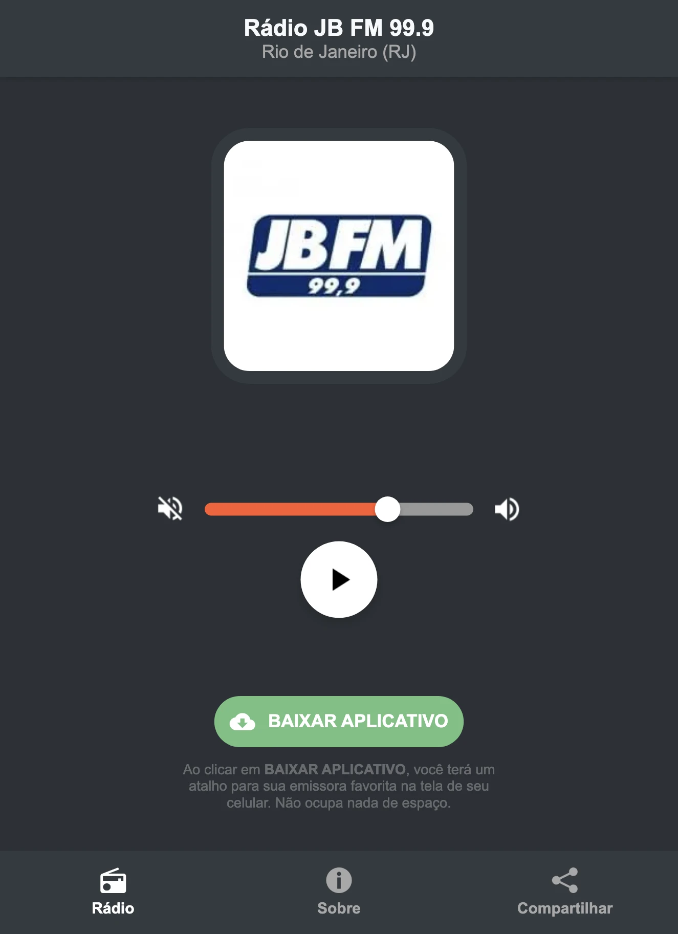 Screenshot do aplicativo da Rádio JB FM 99.9