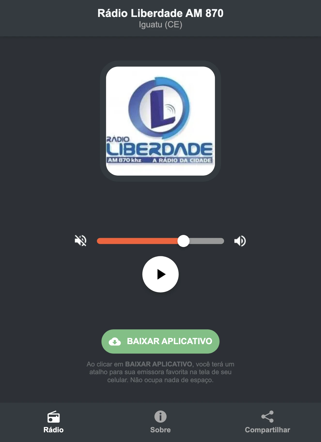 Screenshot do aplicativo da Rádio Liberdade AM 870