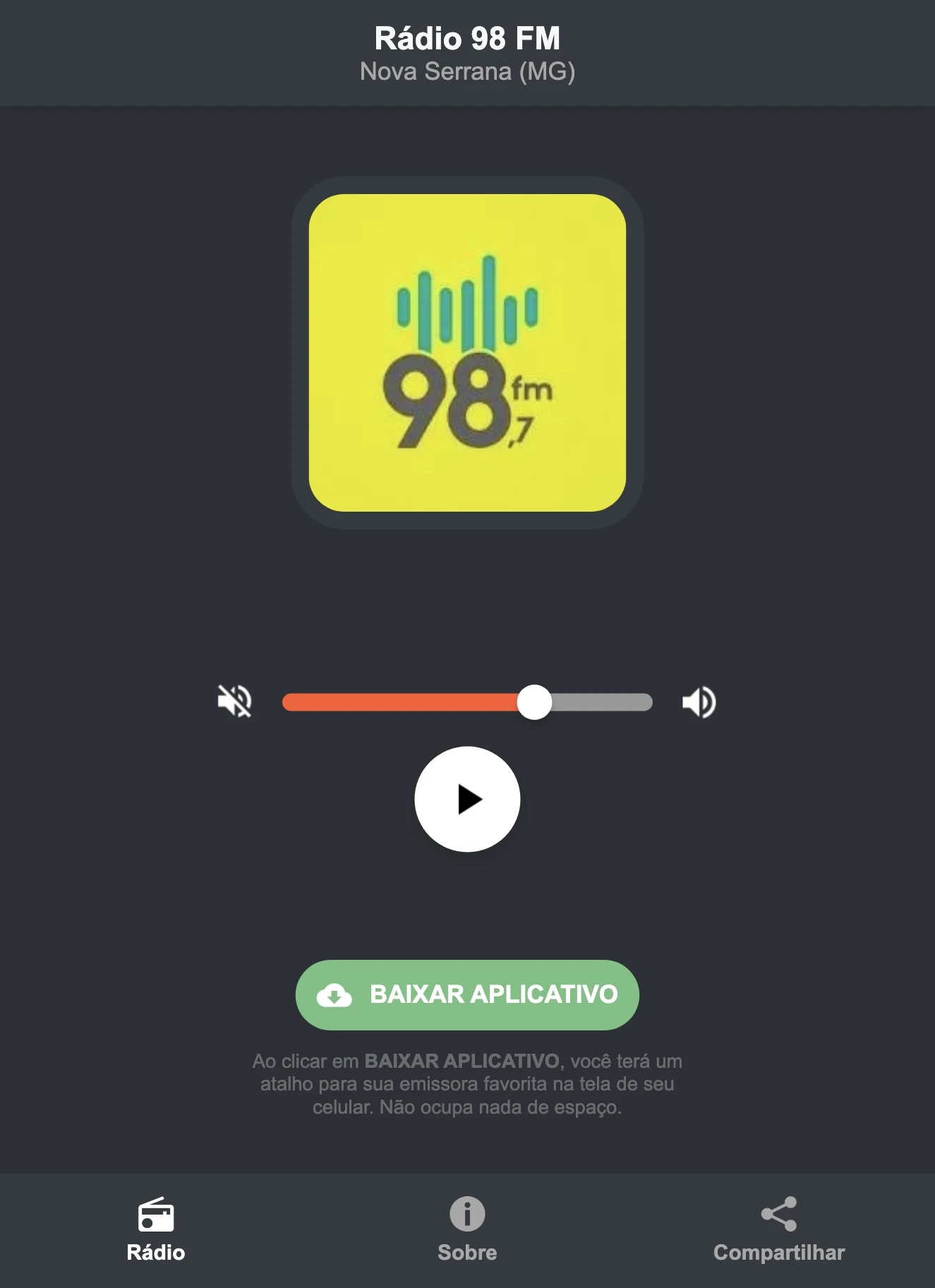 Screenshot do aplicativo da Rádio 98 FM
