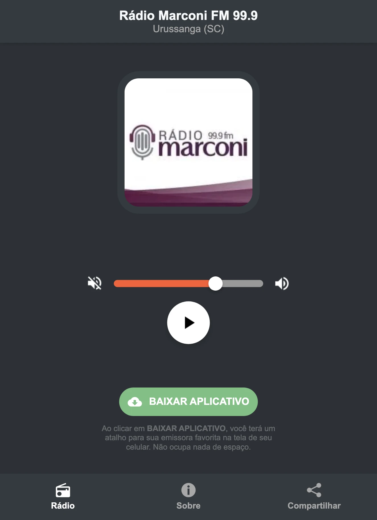 Screenshot do aplicativo da Rádio Marconi FM 99.9