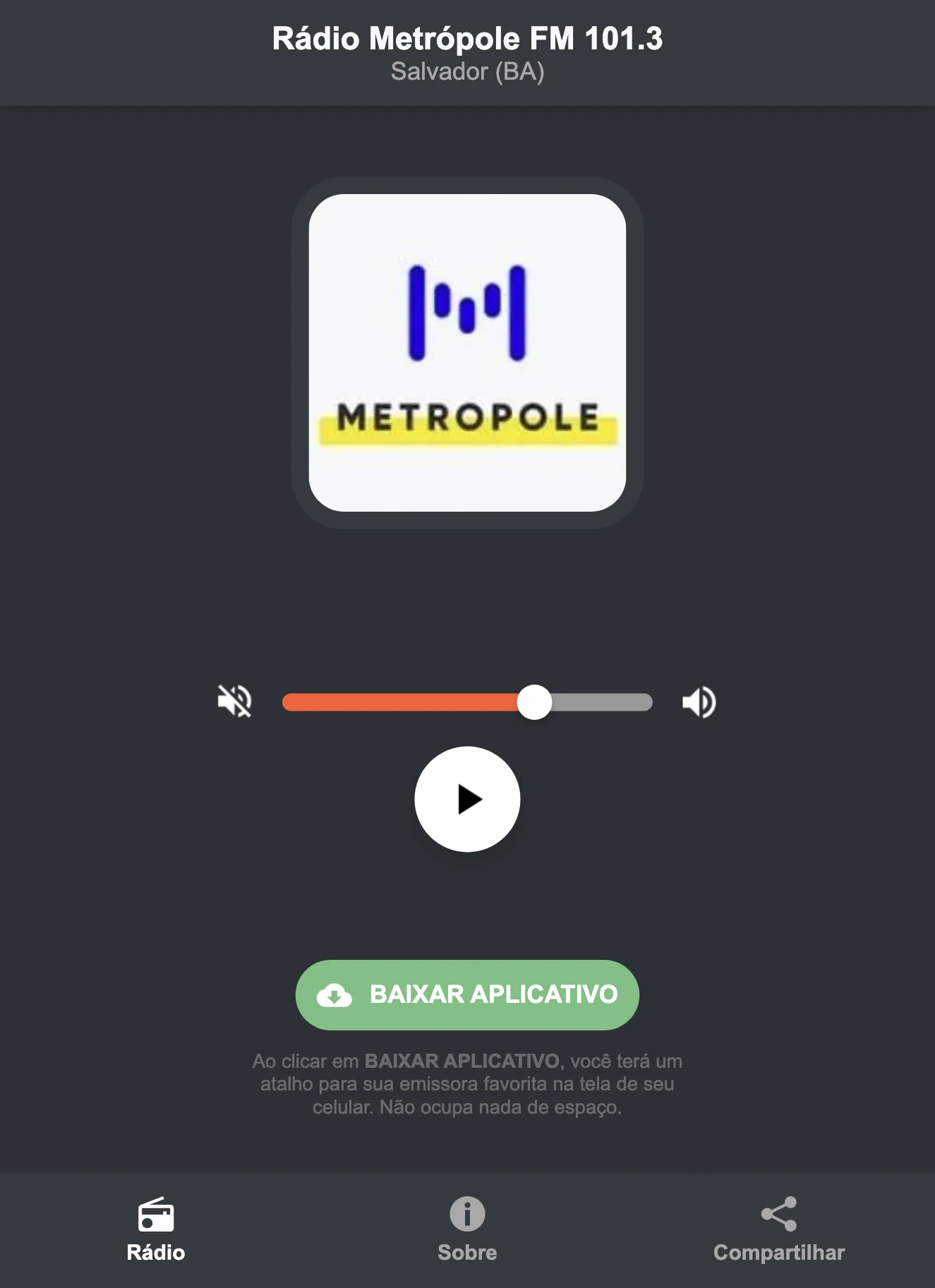 Screenshot do aplicativo da Rádio Metrópole FM 101.3