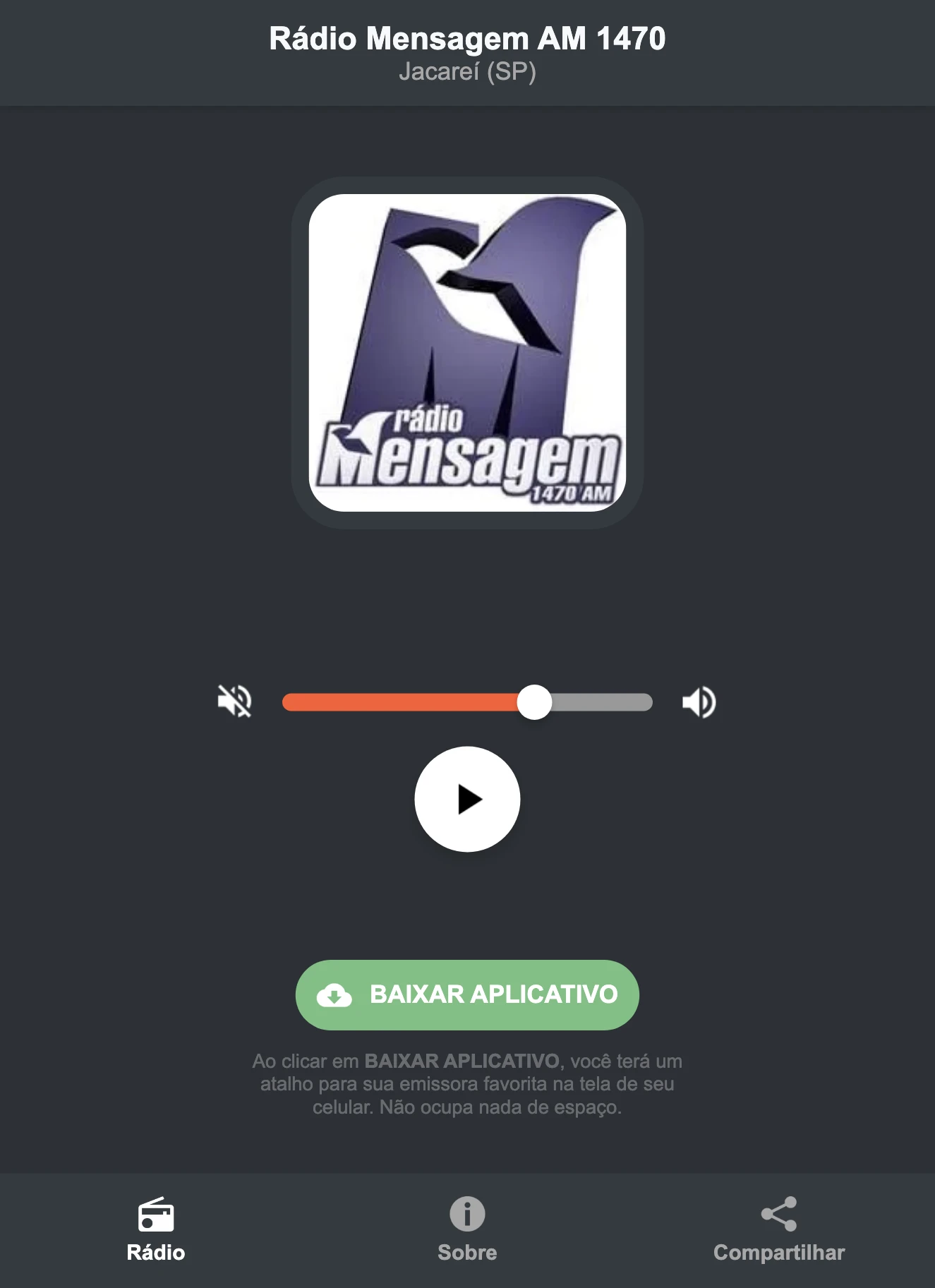 Screenshot do aplicativo da Rádio Mensagem AM 1470