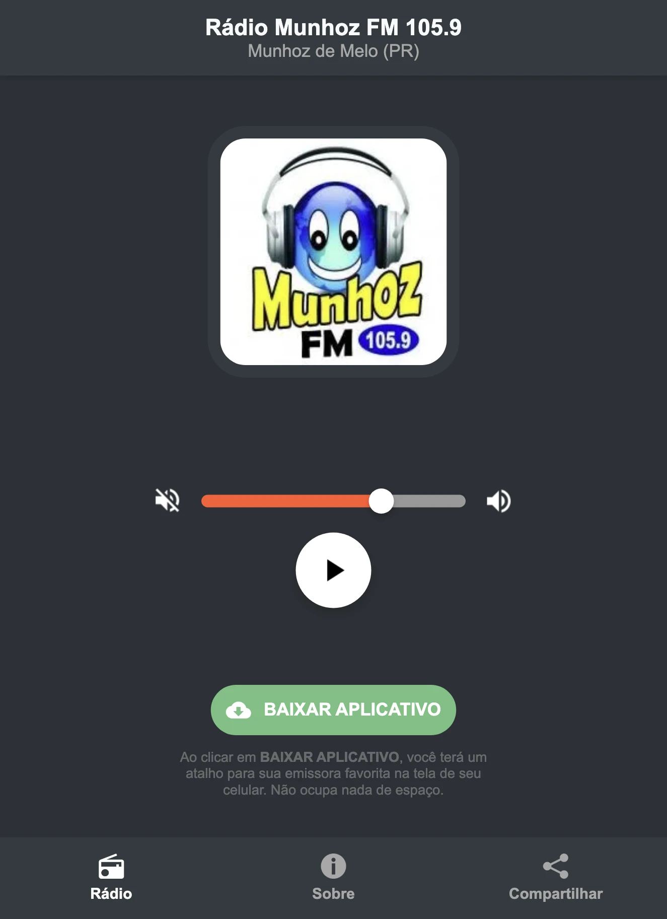 Screenshot do aplicativo da Rádio Munhoz FM 105.9