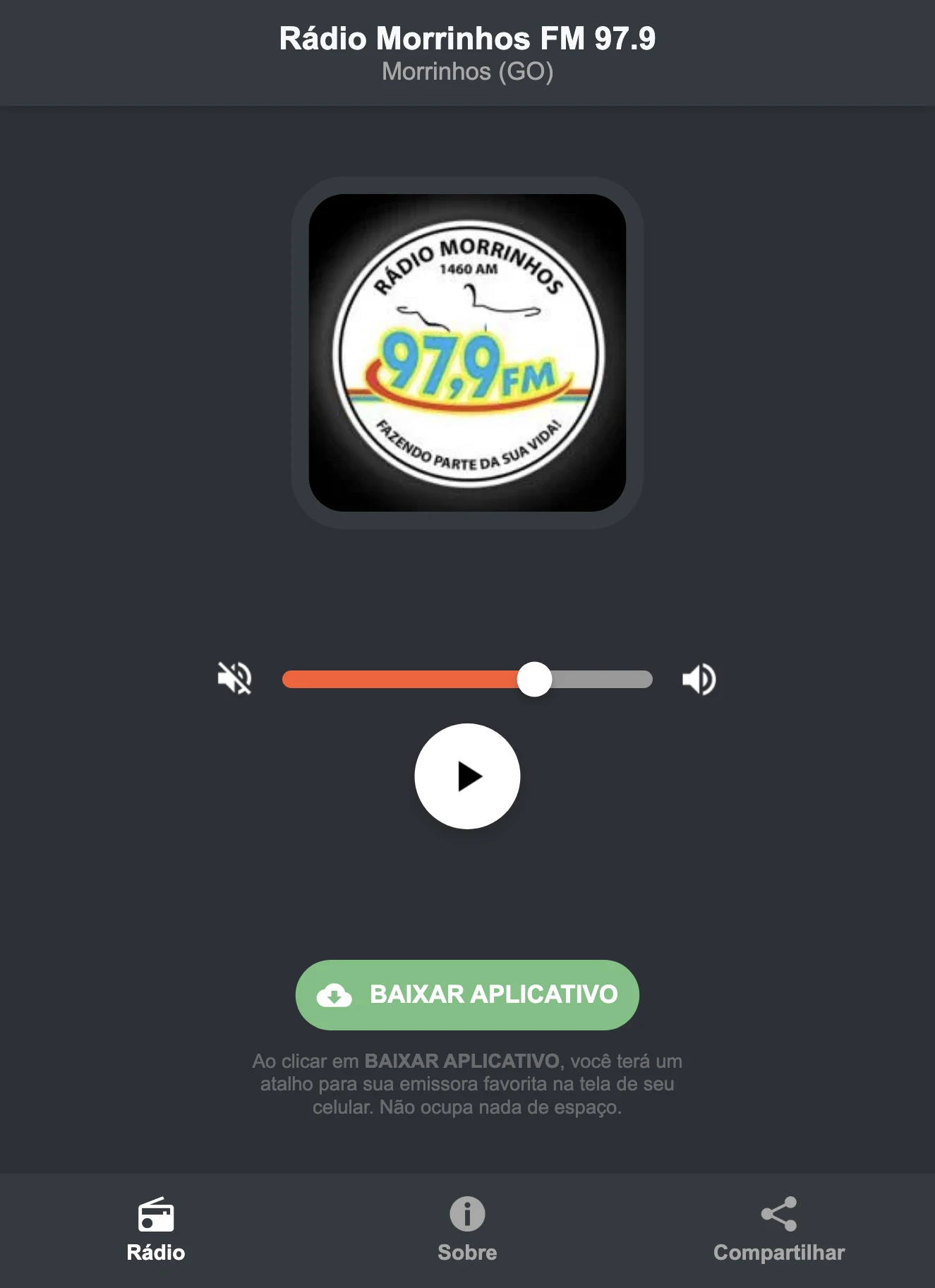 Screenshot do aplicativo da Rádio Morrinhos FM 97.9