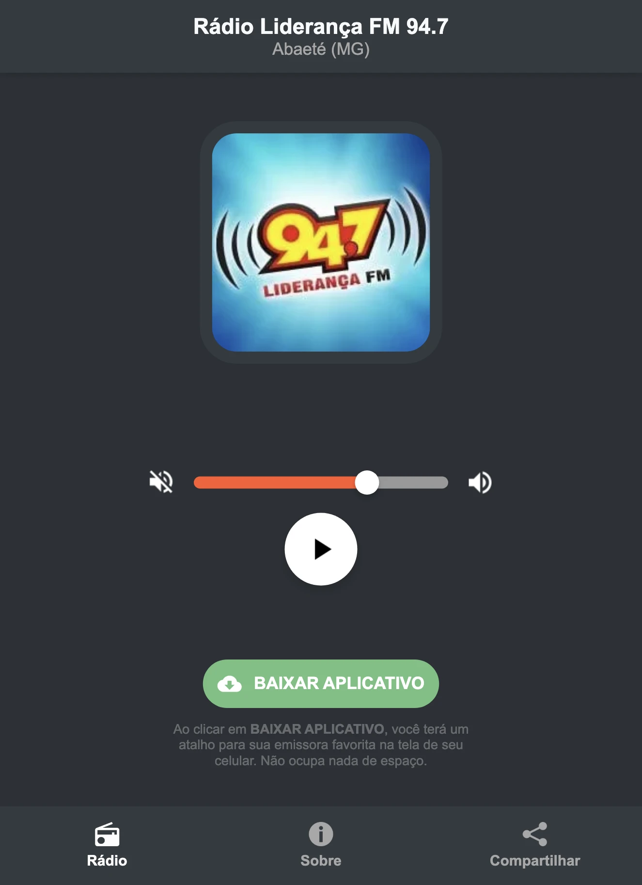 Screenshot do aplicativo da Rádio Liderança FM 94.7