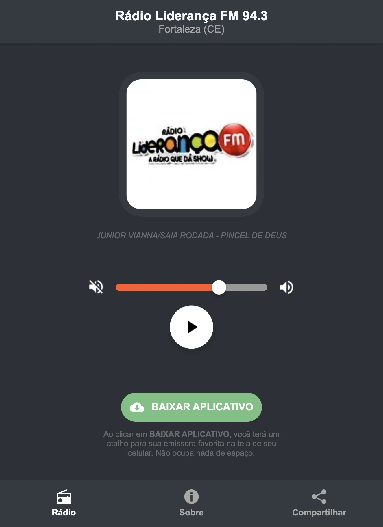 Screenshot do aplicativo da Rádio Liderança FM 94.3
