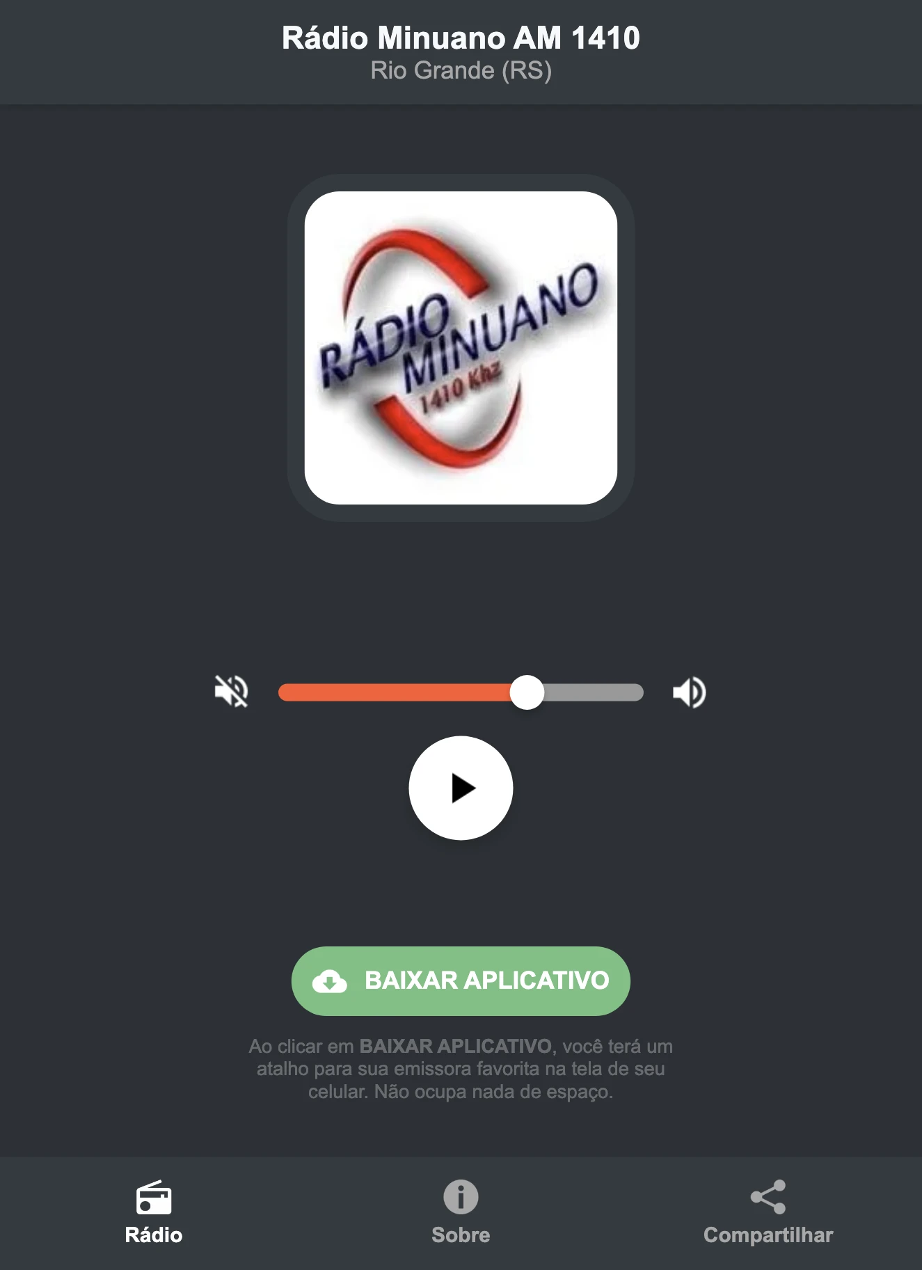 Screenshot do aplicativo da Rádio Minuano AM 1410