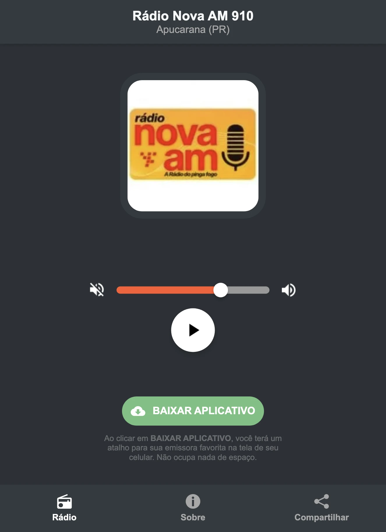Screenshot do aplicativo da Rádio Nova AM 910