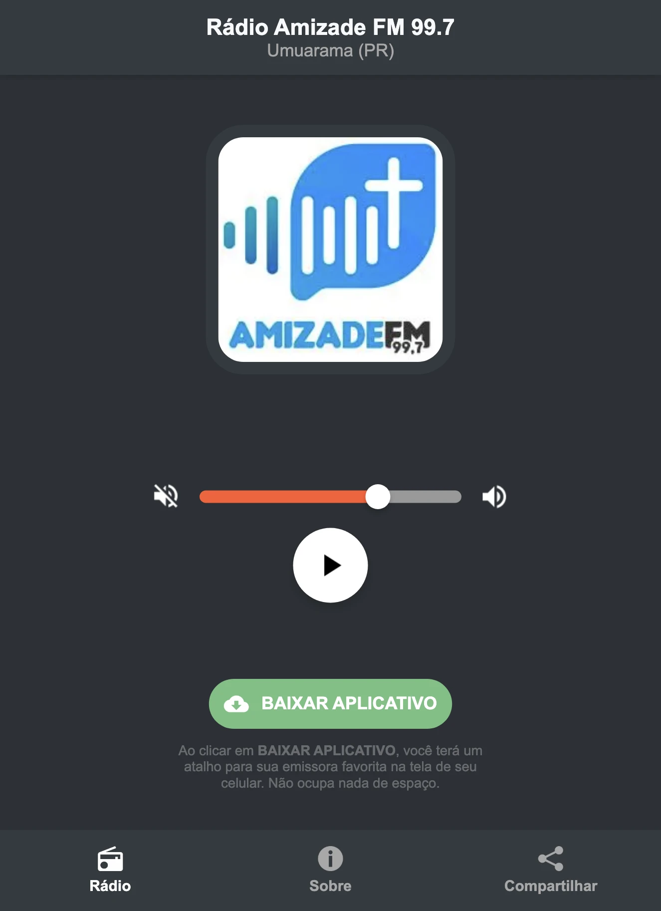 Screenshot do aplicativo da Rádio Amizade FM 99.7