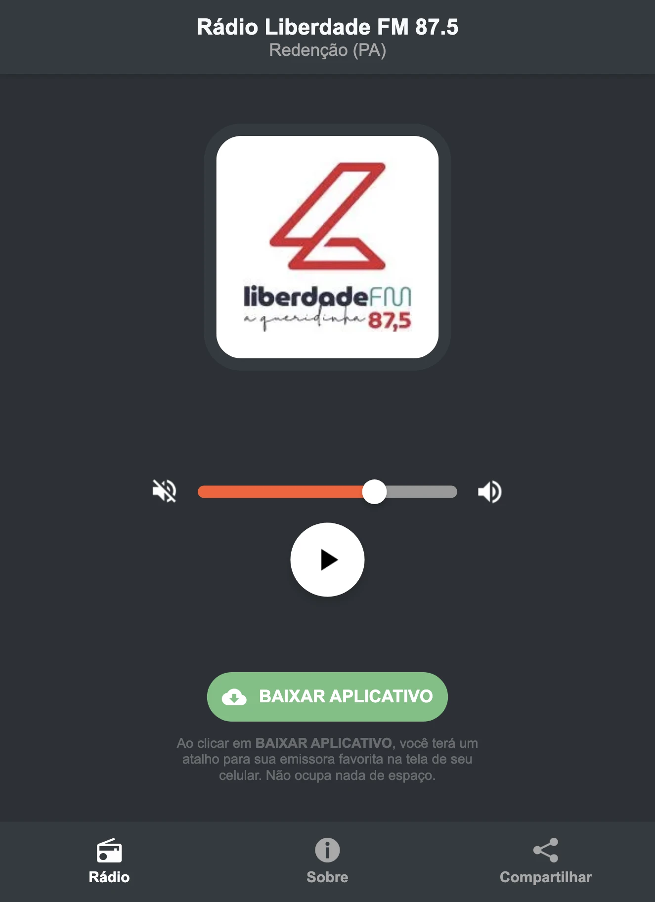 Screenshot do aplicativo da Rádio Liberdade FM 87.5