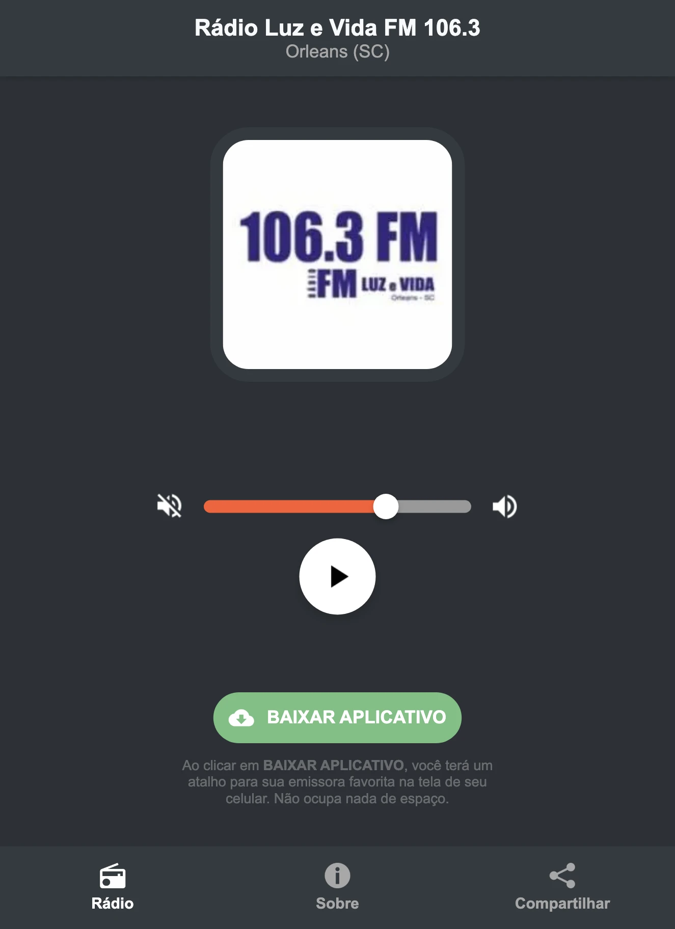 Screenshot do aplicativo da Rádio Luz e Vida FM 106.3