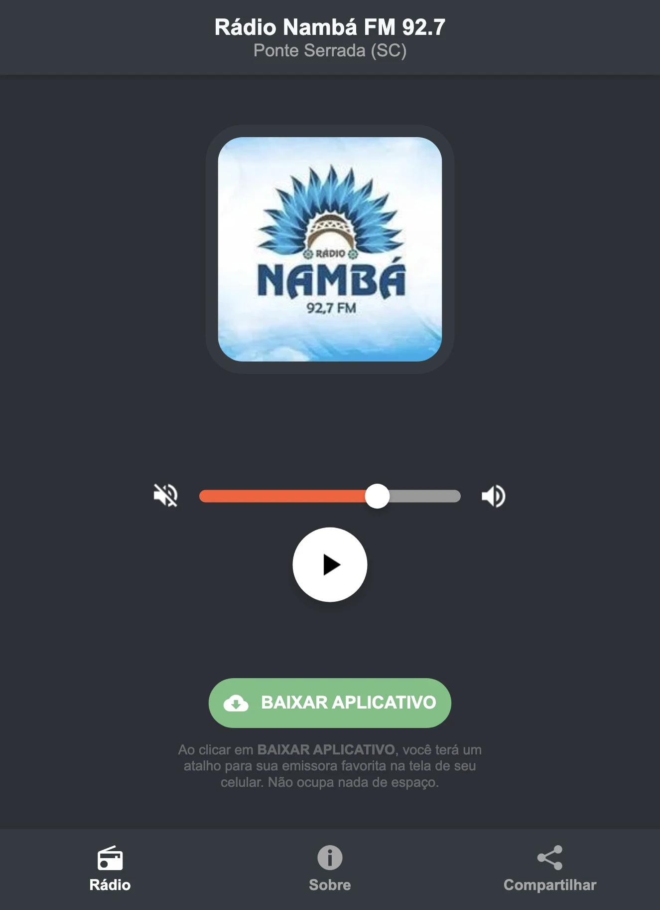 Screenshot do aplicativo da Rádio Nambá FM 92.7