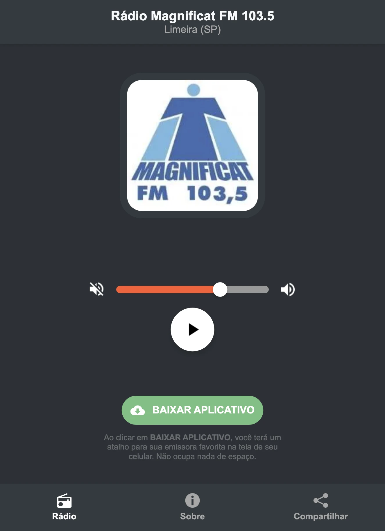 Screenshot do aplicativo da Rádio Magnificat FM 103.5
