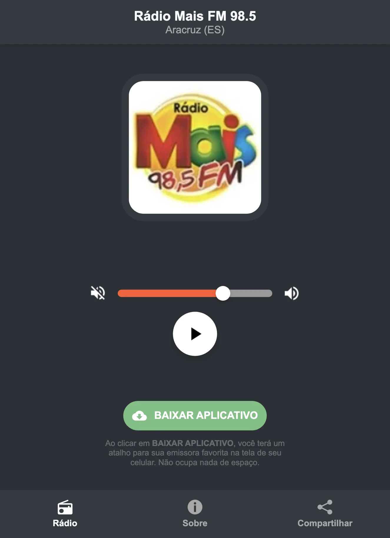 Screenshot do aplicativo da Rádio Mais FM 98.5