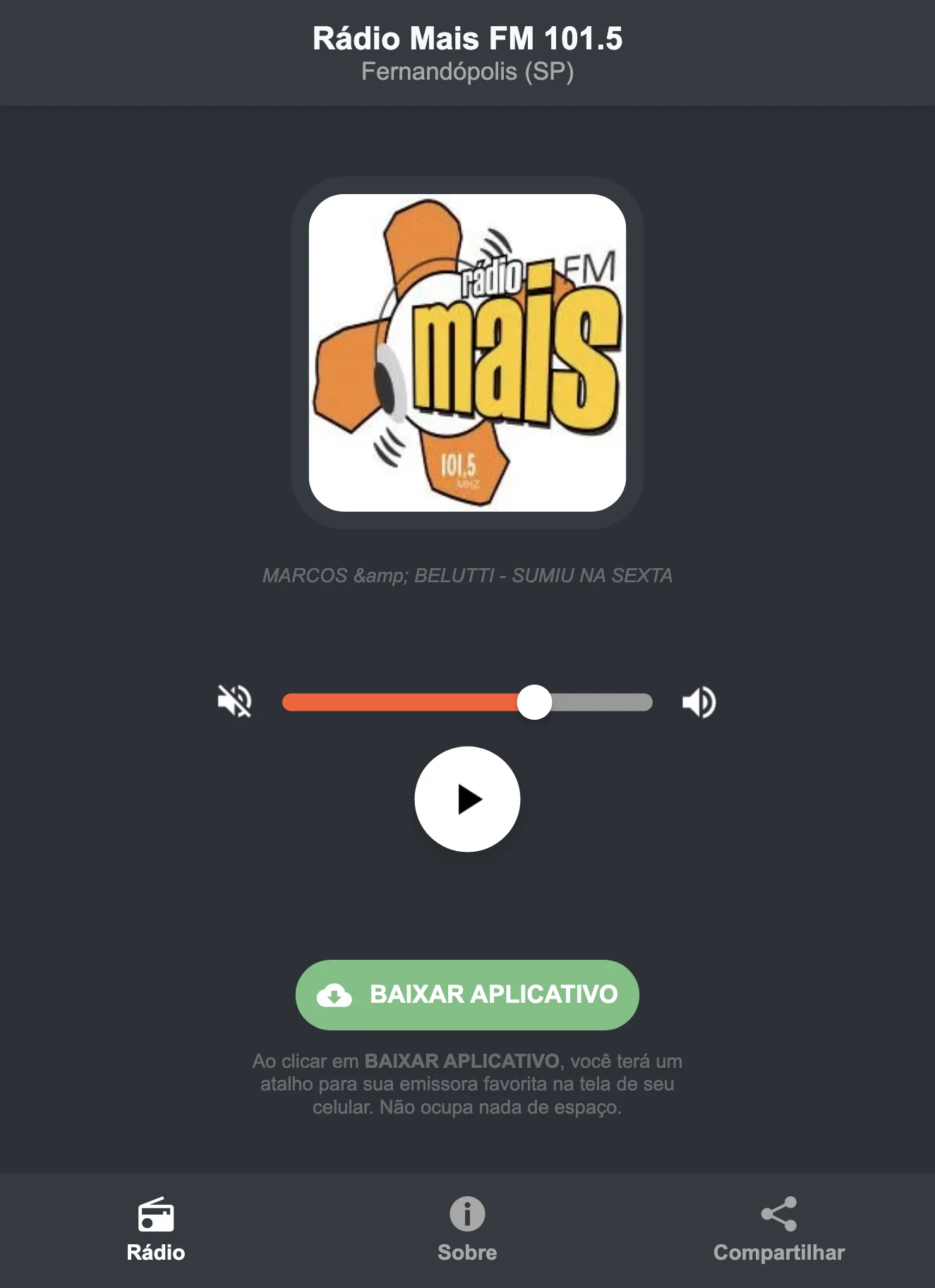 Screenshot do aplicativo da Rádio Mais FM 101.5