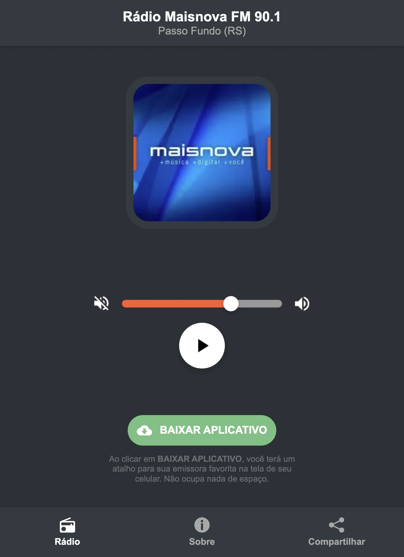 Screenshot do aplicativo da Rádio Maisnova FM 90.1