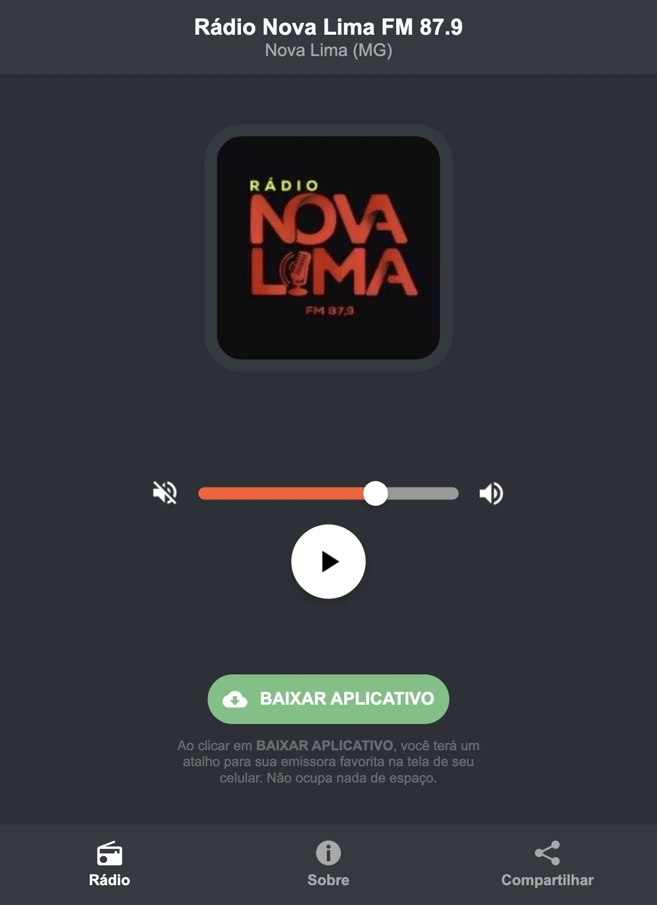 Screenshot do aplicativo da Rádio Nova Lima FM 87.9