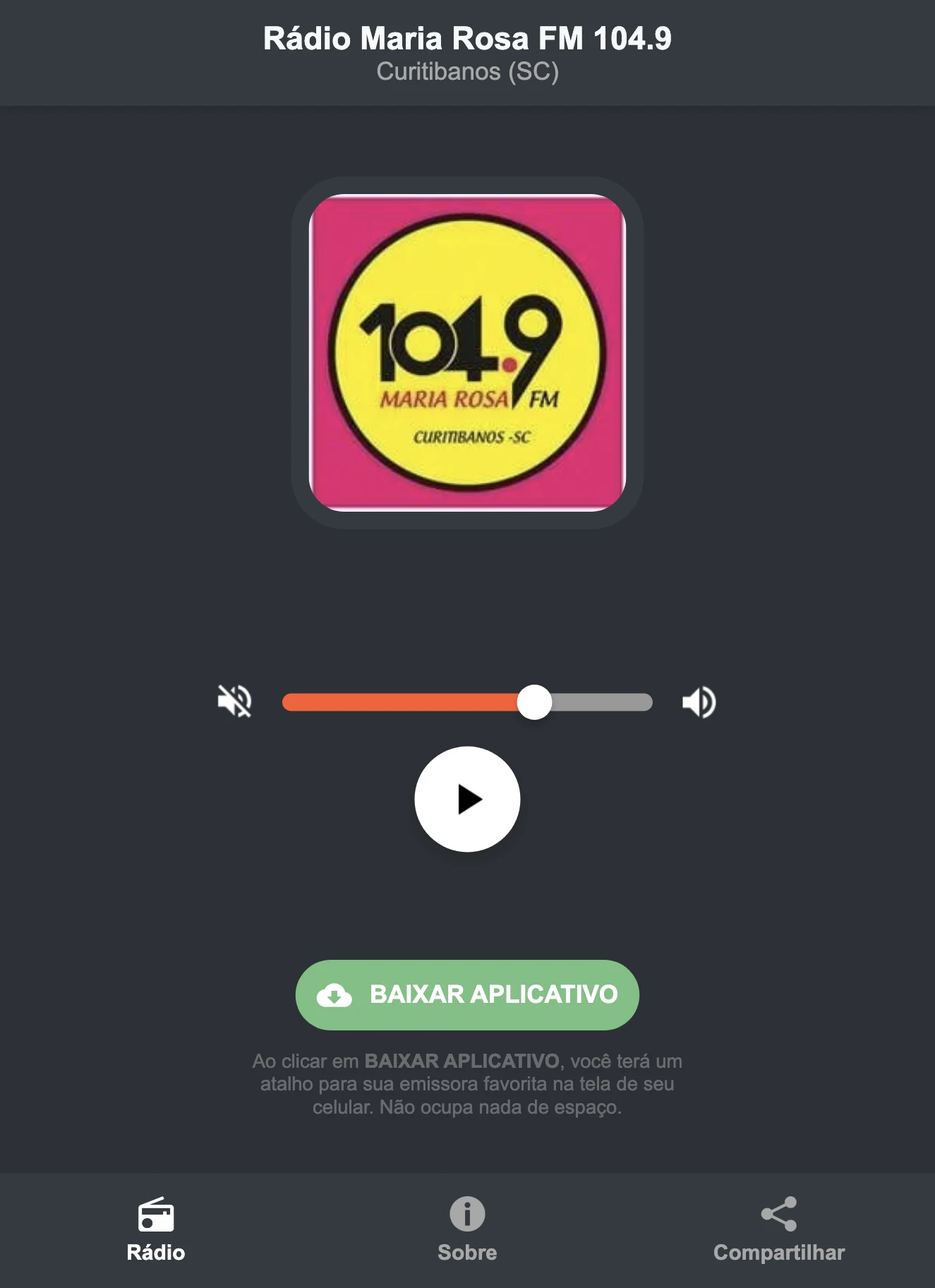 Screenshot do aplicativo da Rádio Maria Rosa FM 104.9