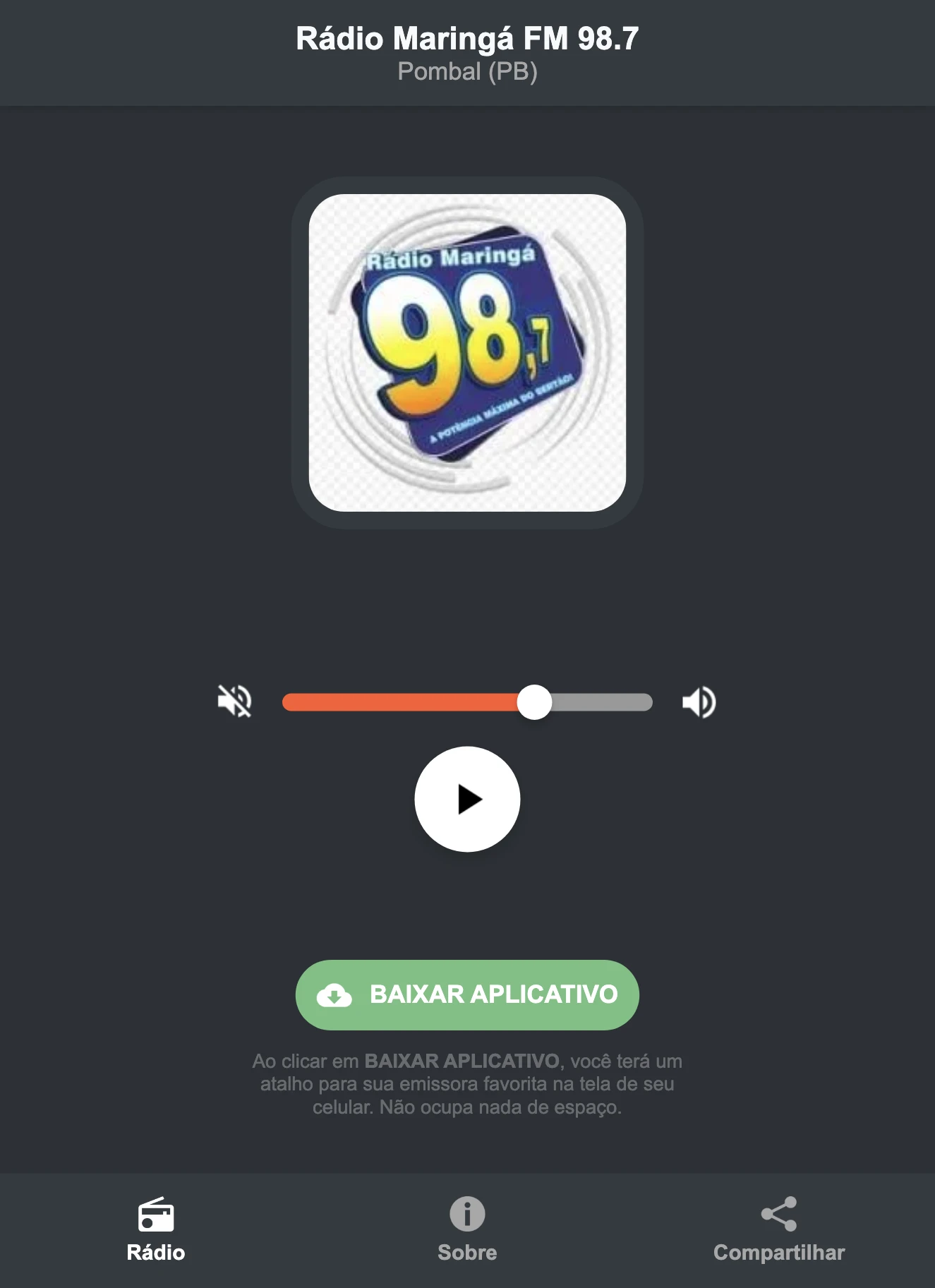 Screenshot do aplicativo da Rádio Maringá FM 98.7