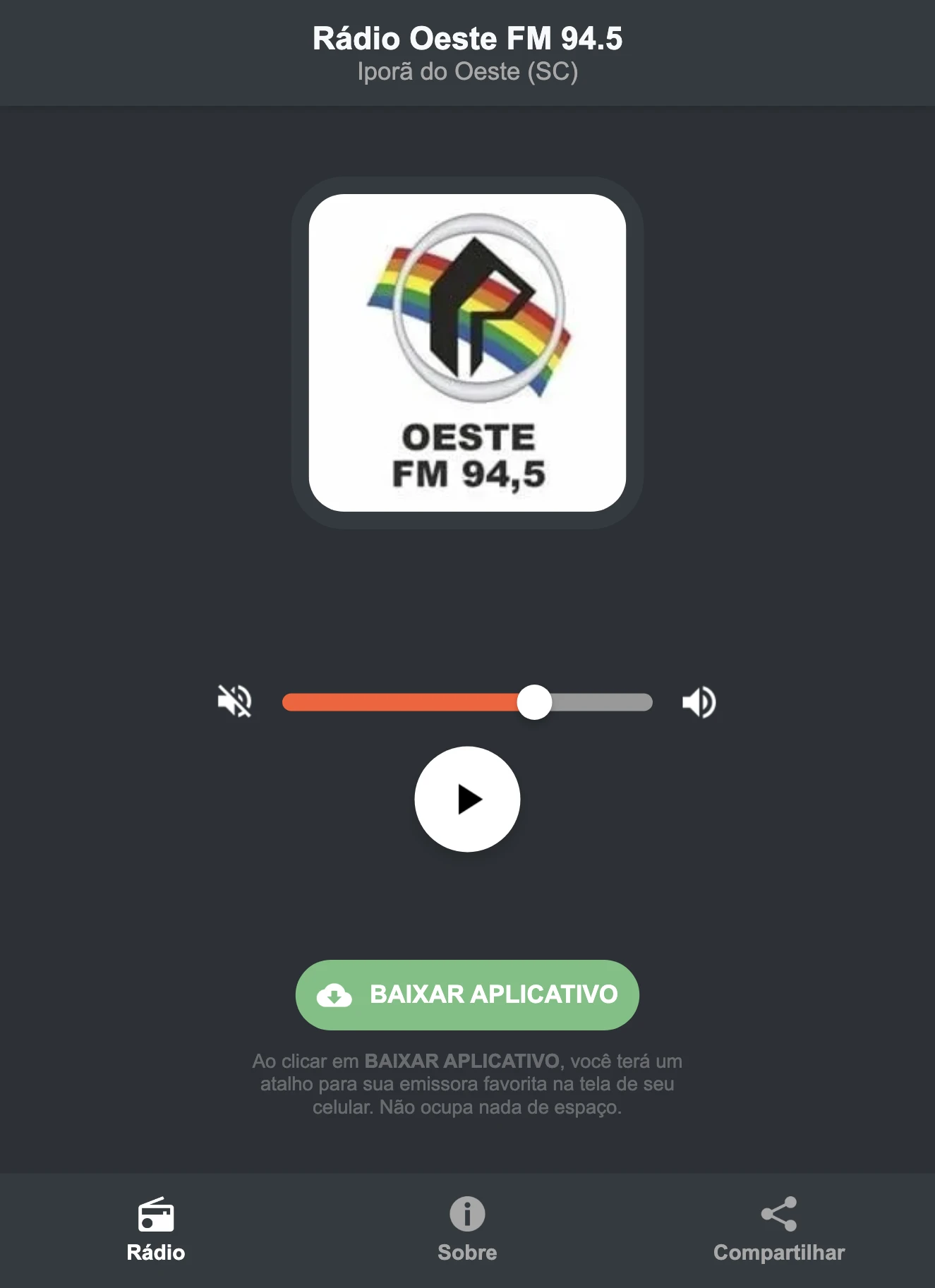 Screenshot do aplicativo da Rádio Oeste FM 94.5