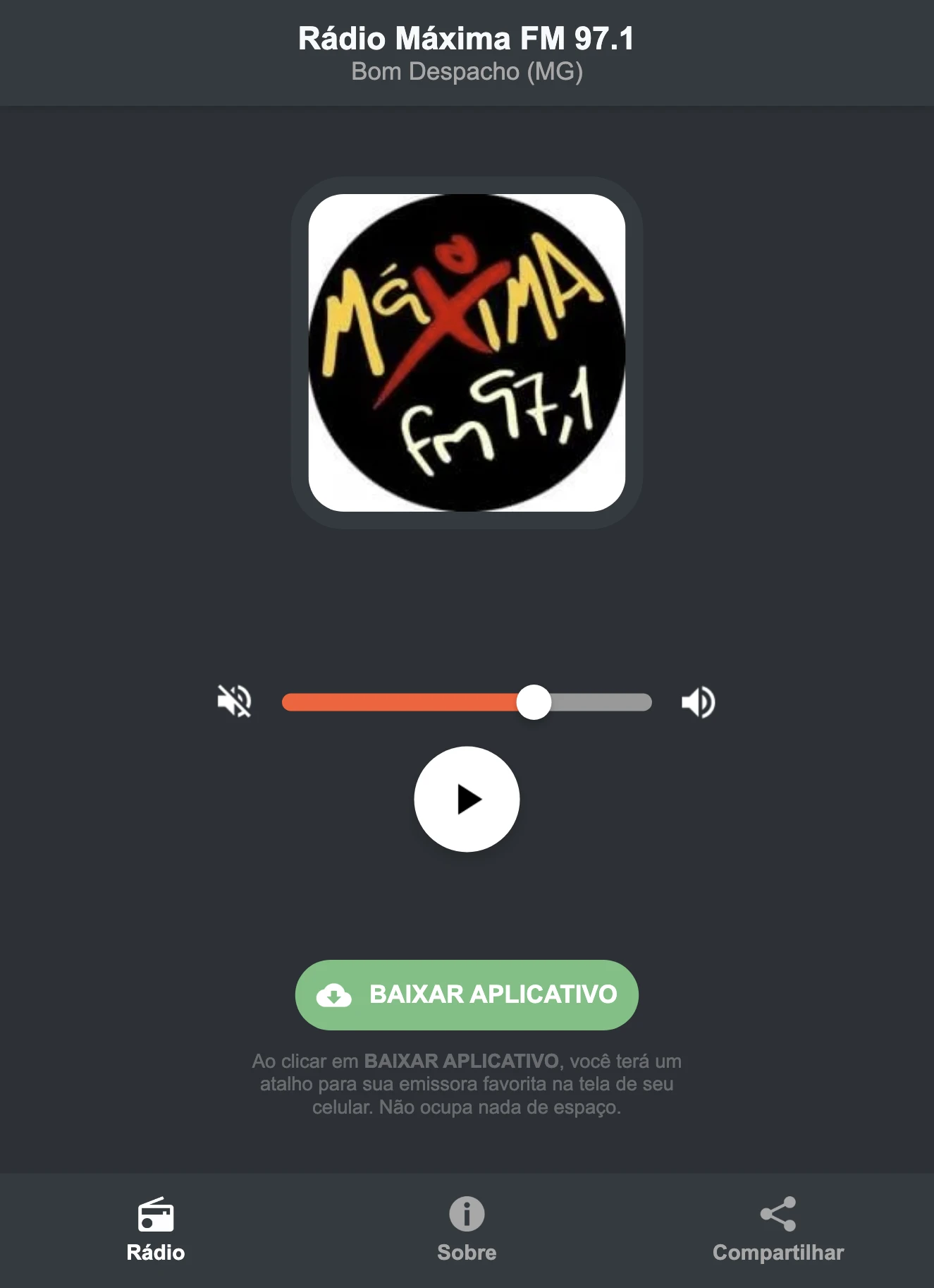 Screenshot do aplicativo da Rádio Máxima FM 97.1