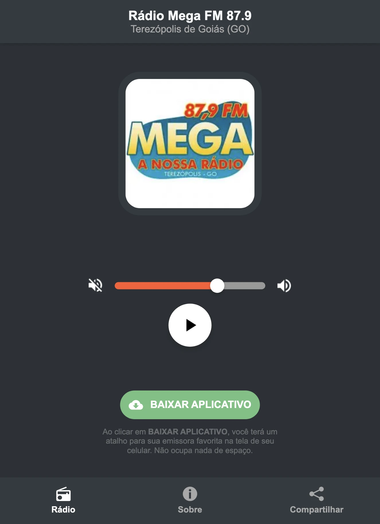 Screenshot do aplicativo da Rádio Mega FM 87.9