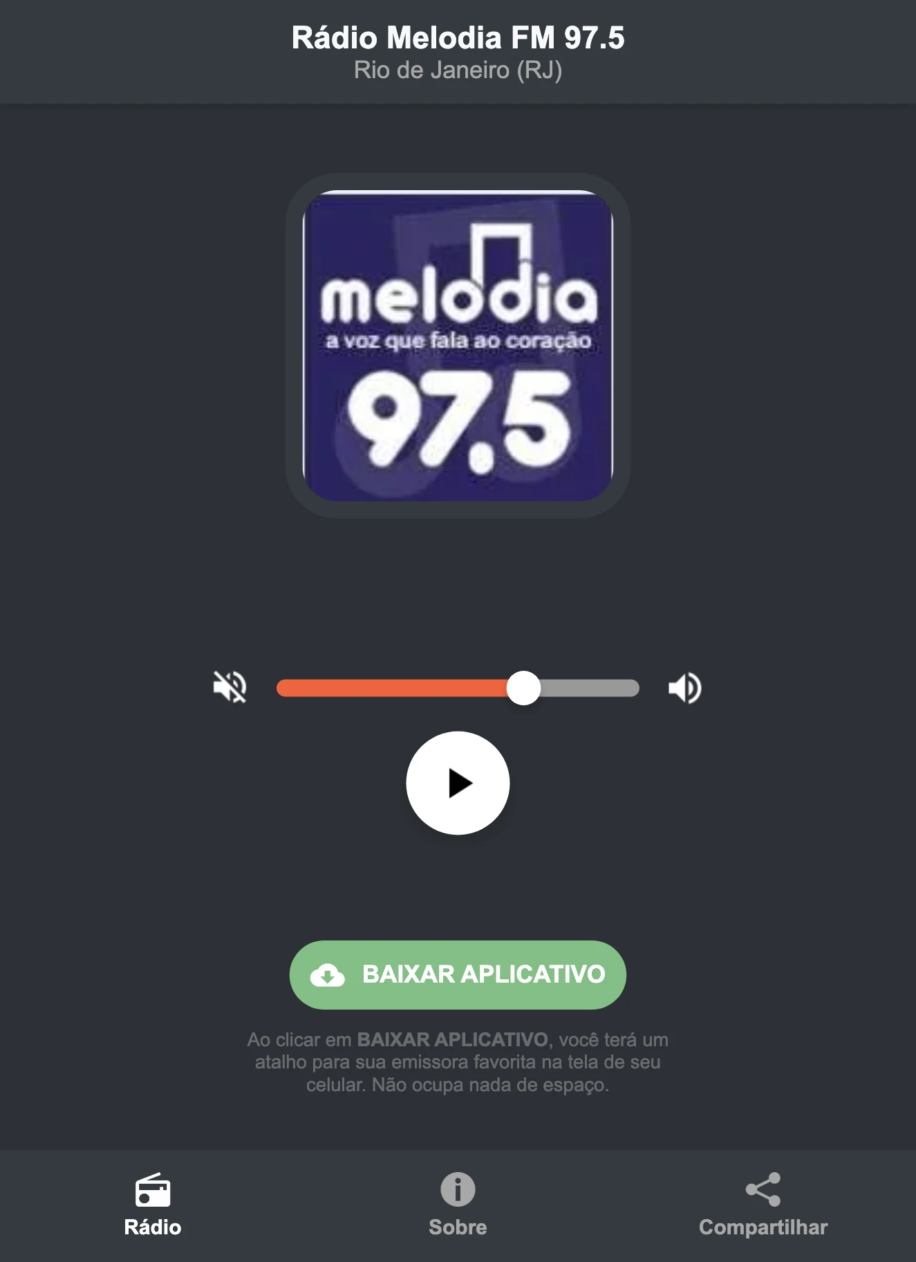 Screenshot do aplicativo da Rádio Melodia FM 97.5