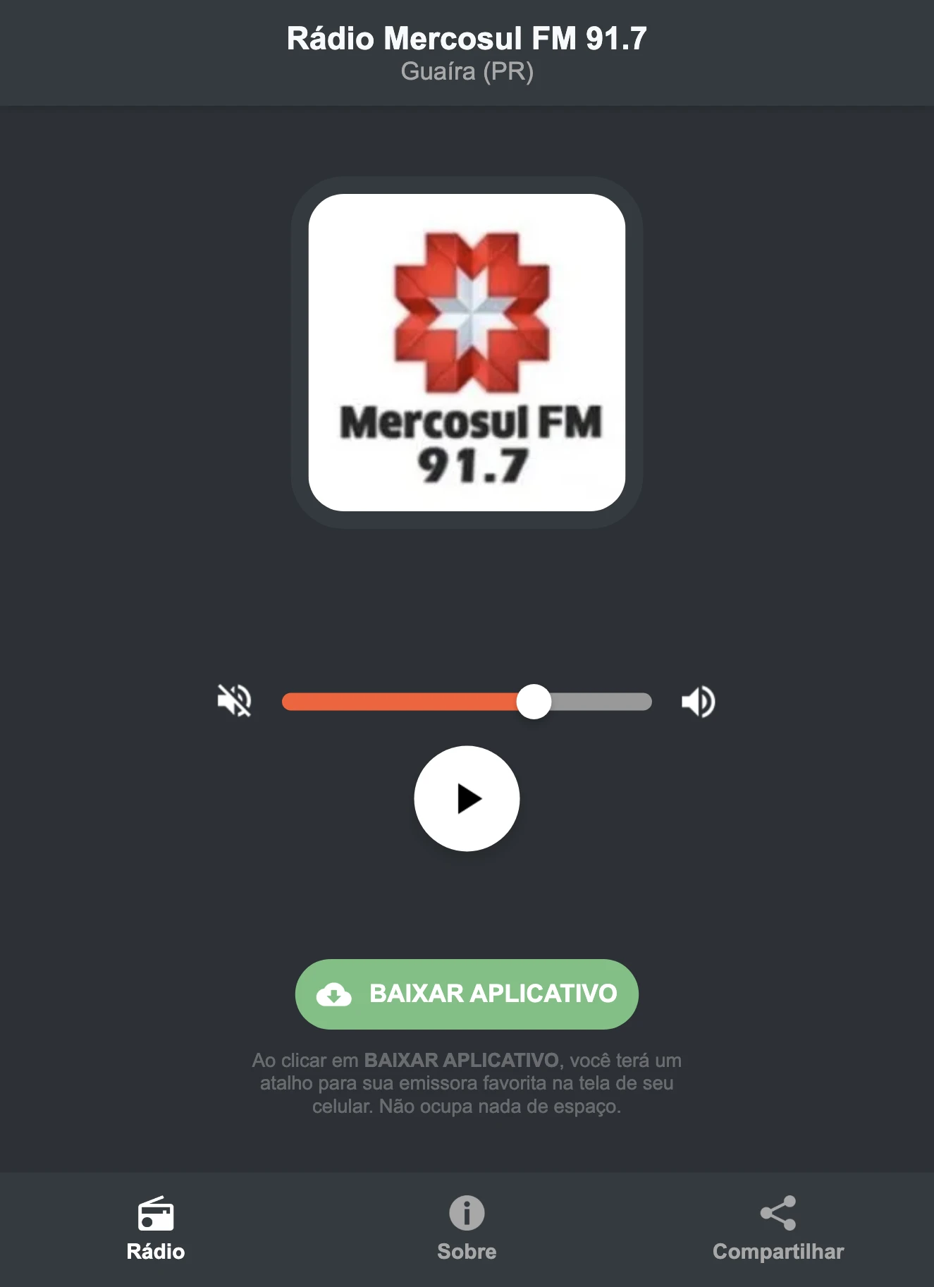 Screenshot do aplicativo da Rádio Mercosul FM 91.7