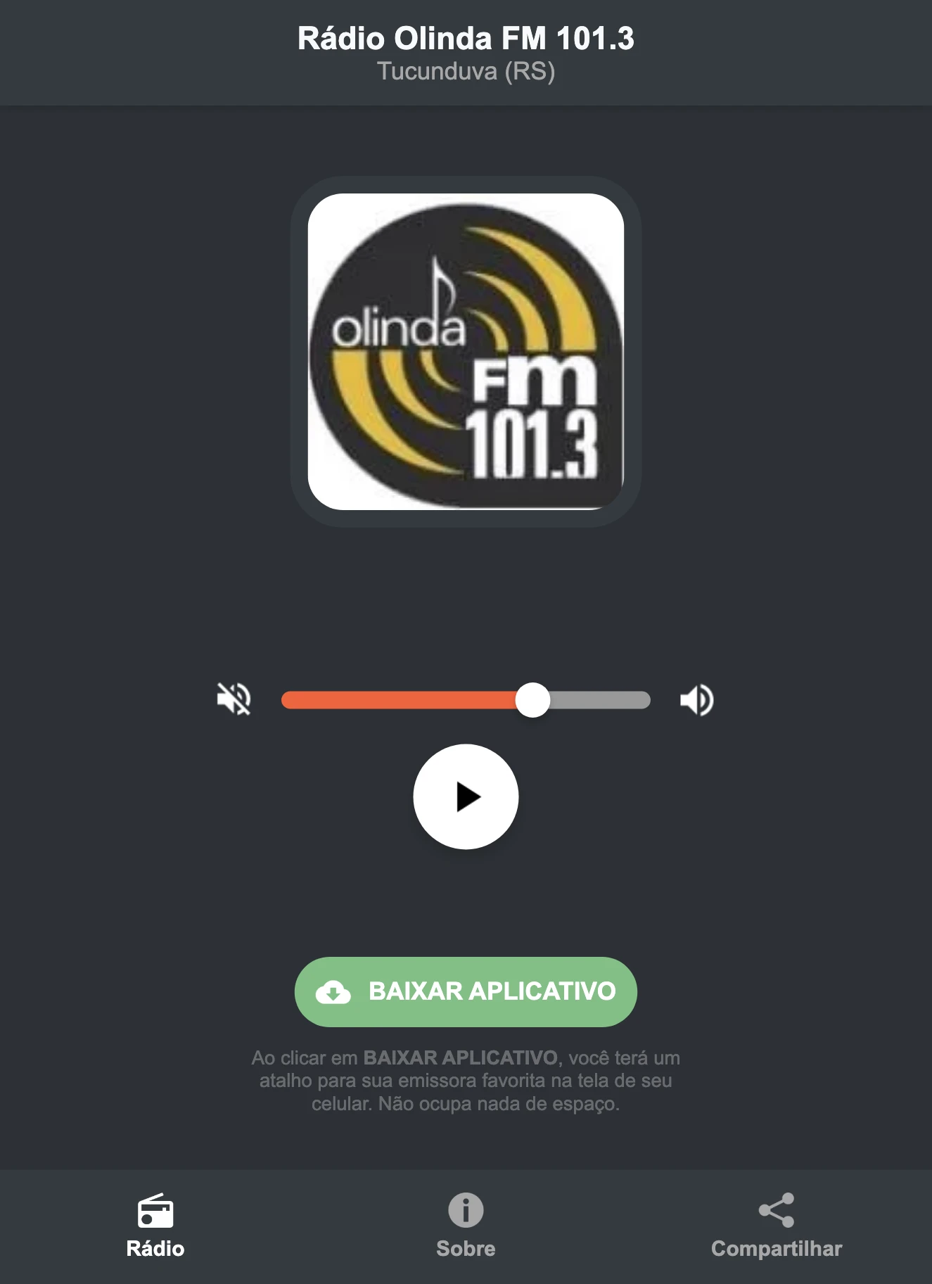 Screenshot do aplicativo da Rádio Olinda FM 101.3