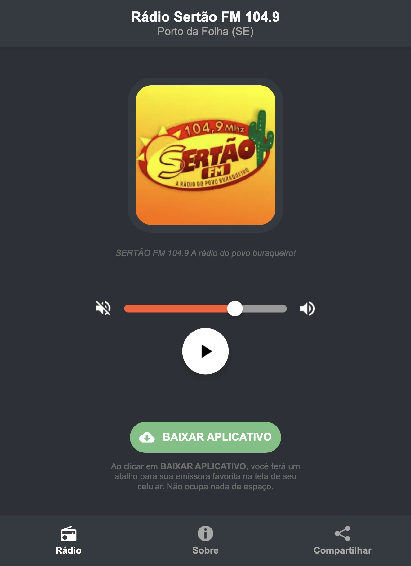 Screenshot do aplicativo da Rádio Sertão FM 104.9