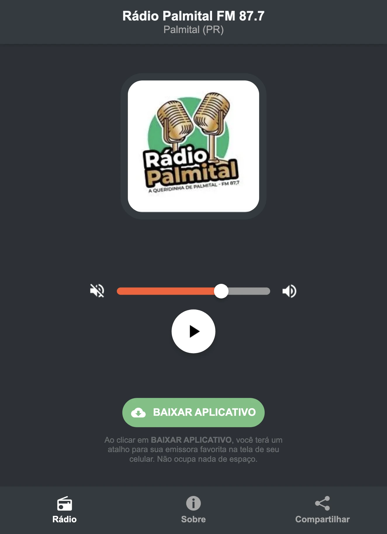 Screenshot do aplicativo da Rádio Palmital FM 87.7
