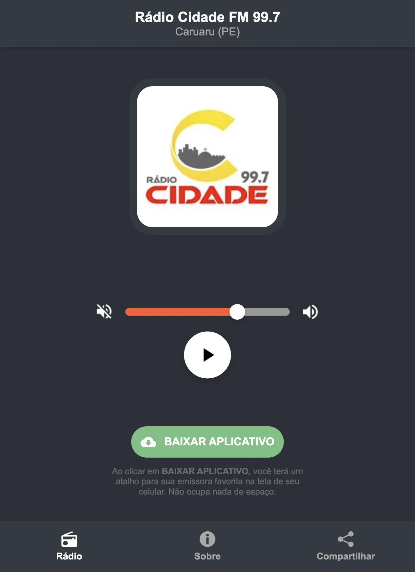Screenshot do aplicativo da Rádio Cidade FM 99.7