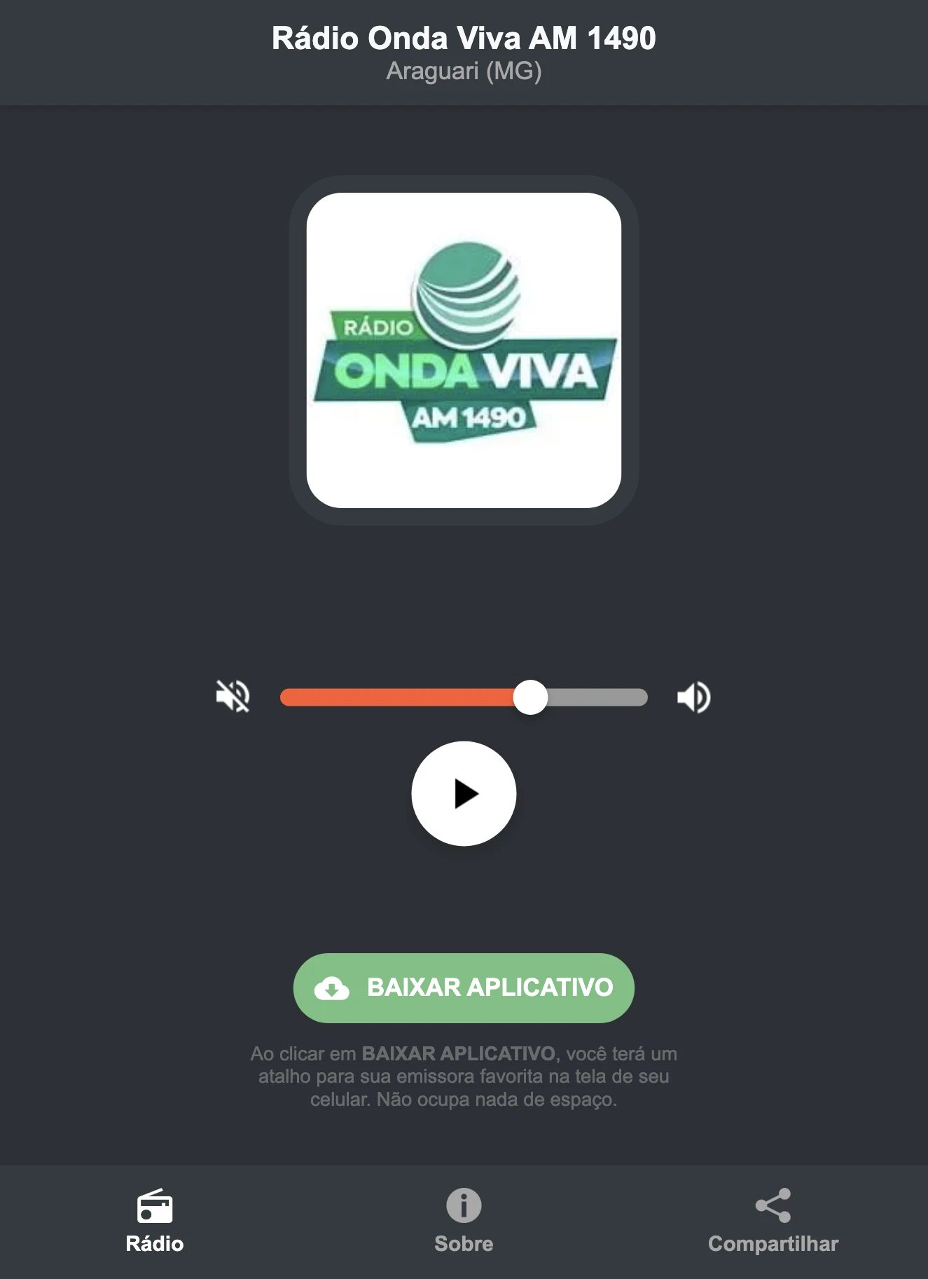 Screenshot do aplicativo da Rádio Onda Viva AM 1490