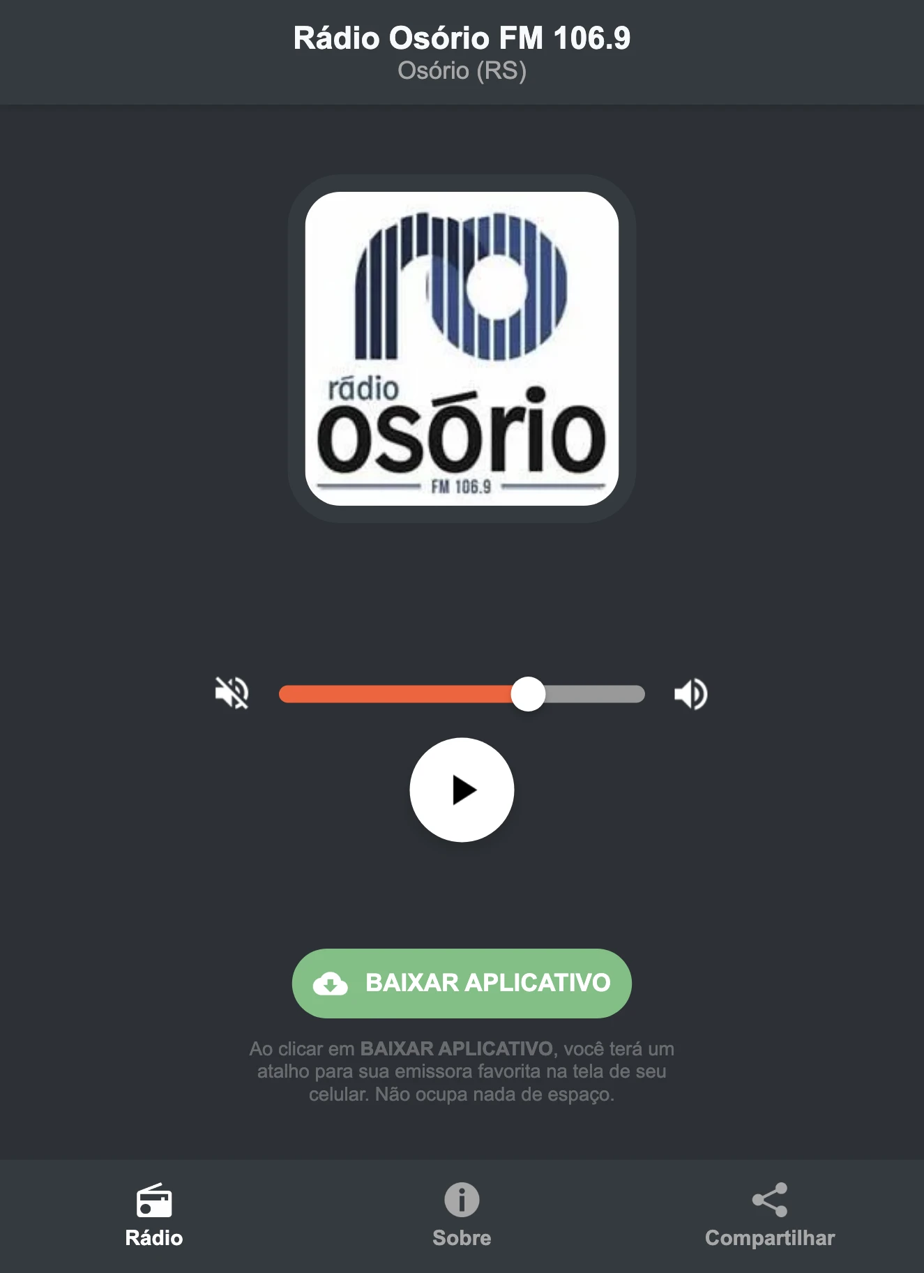 Screenshot do aplicativo da Rádio Osório FM 106.9