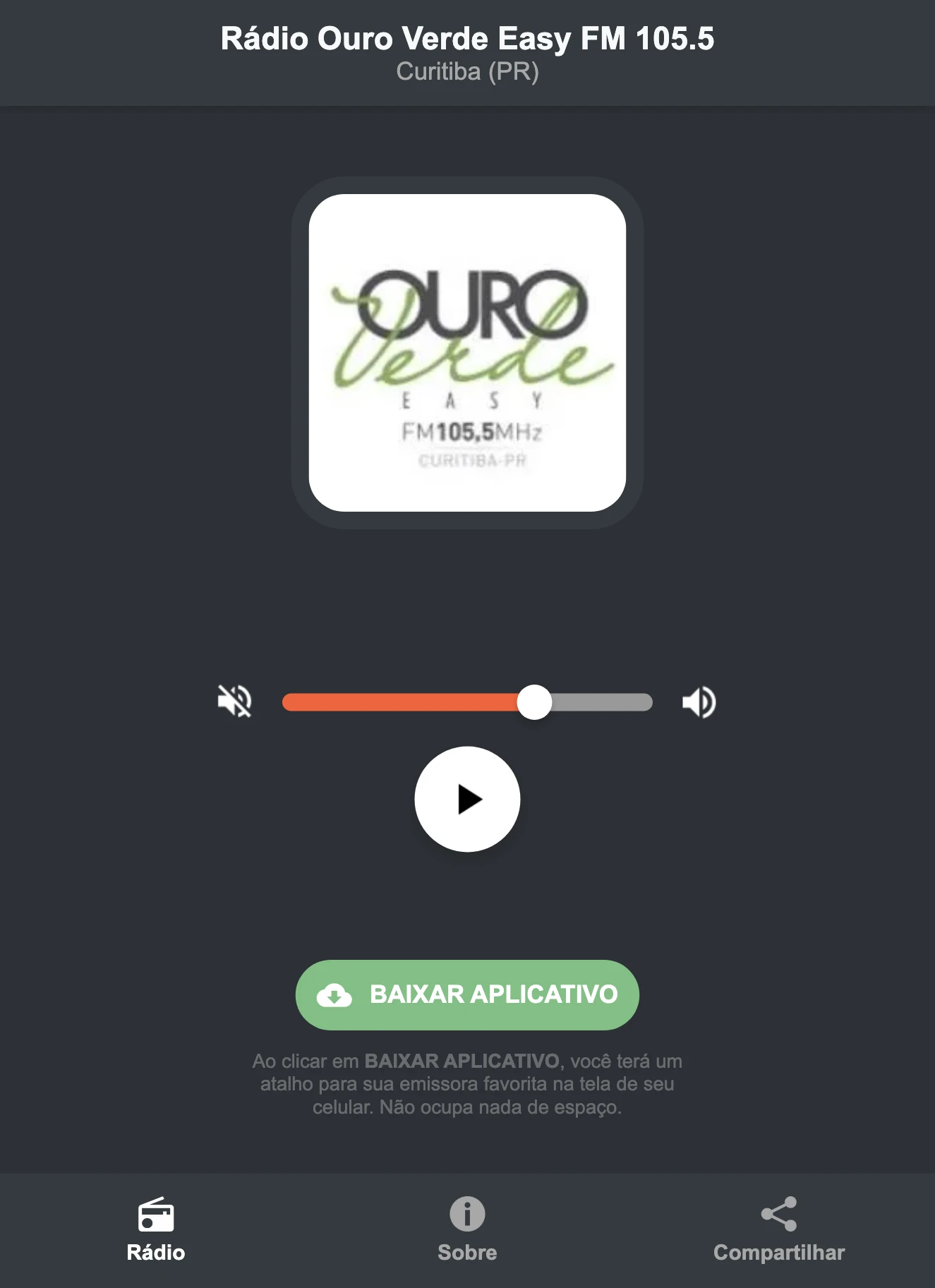 Screenshot do aplicativo da Rádio Ouro Verde Easy FM 105.5