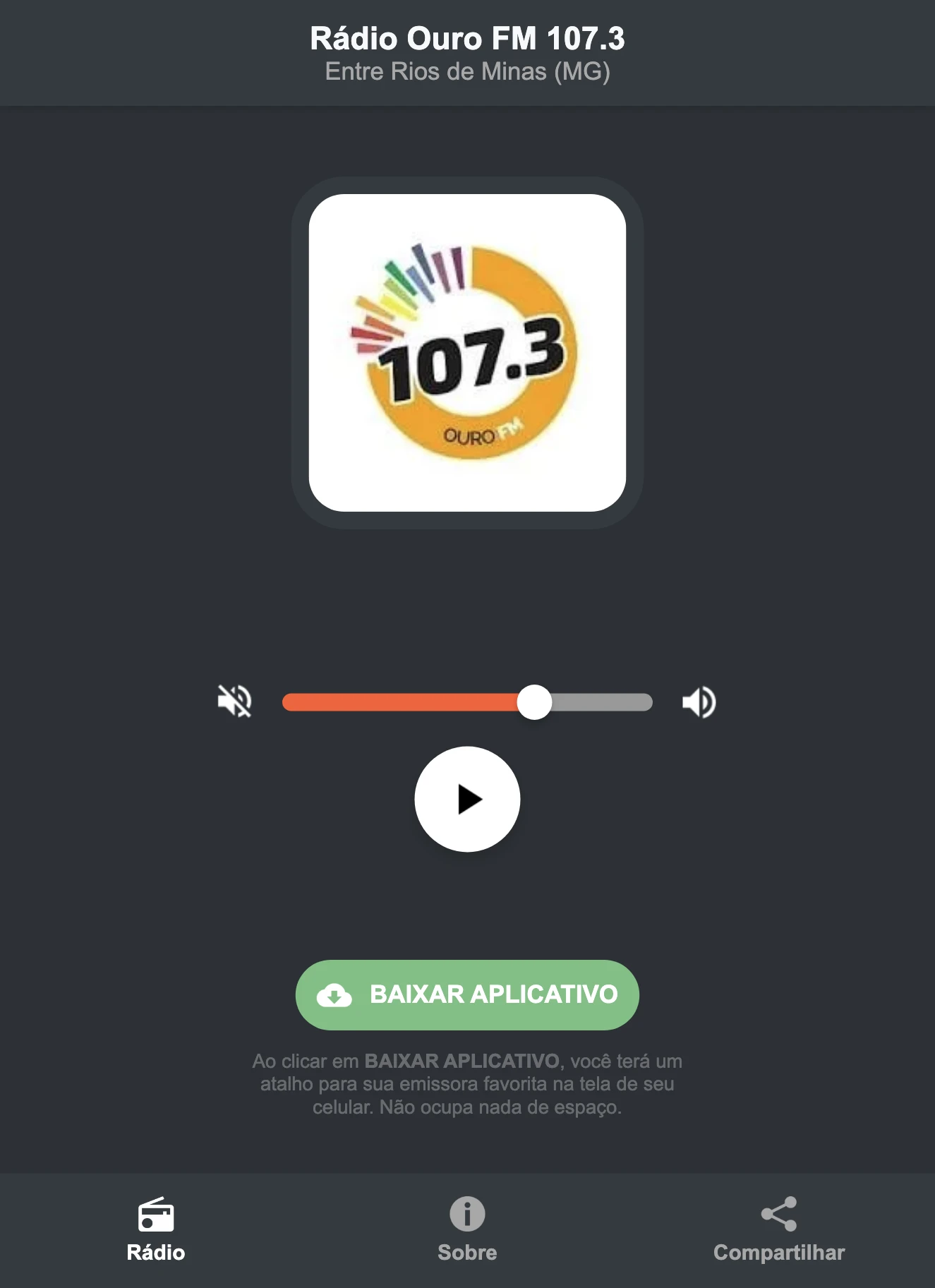 Screenshot do aplicativo da Rádio Ouro FM 107.3
