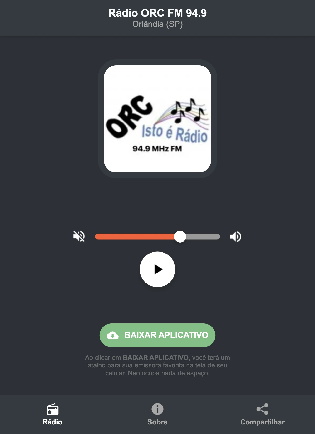 Screenshot do aplicativo da Rádio ORC FM 94.9