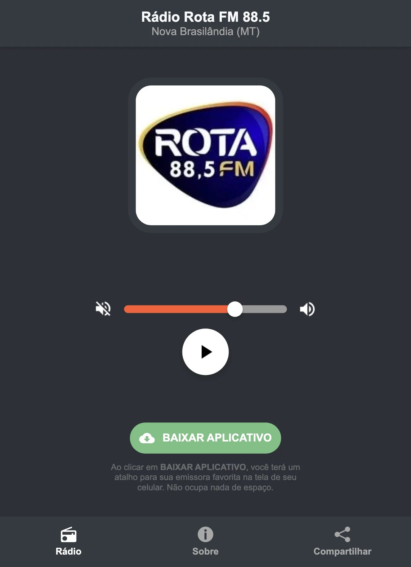 Screenshot do aplicativo da Rádio Rota FM 88.5