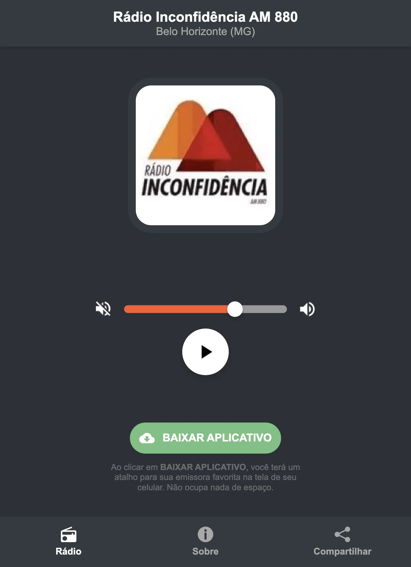 Screenshot do aplicativo da Rádio Inconfidência AM 880