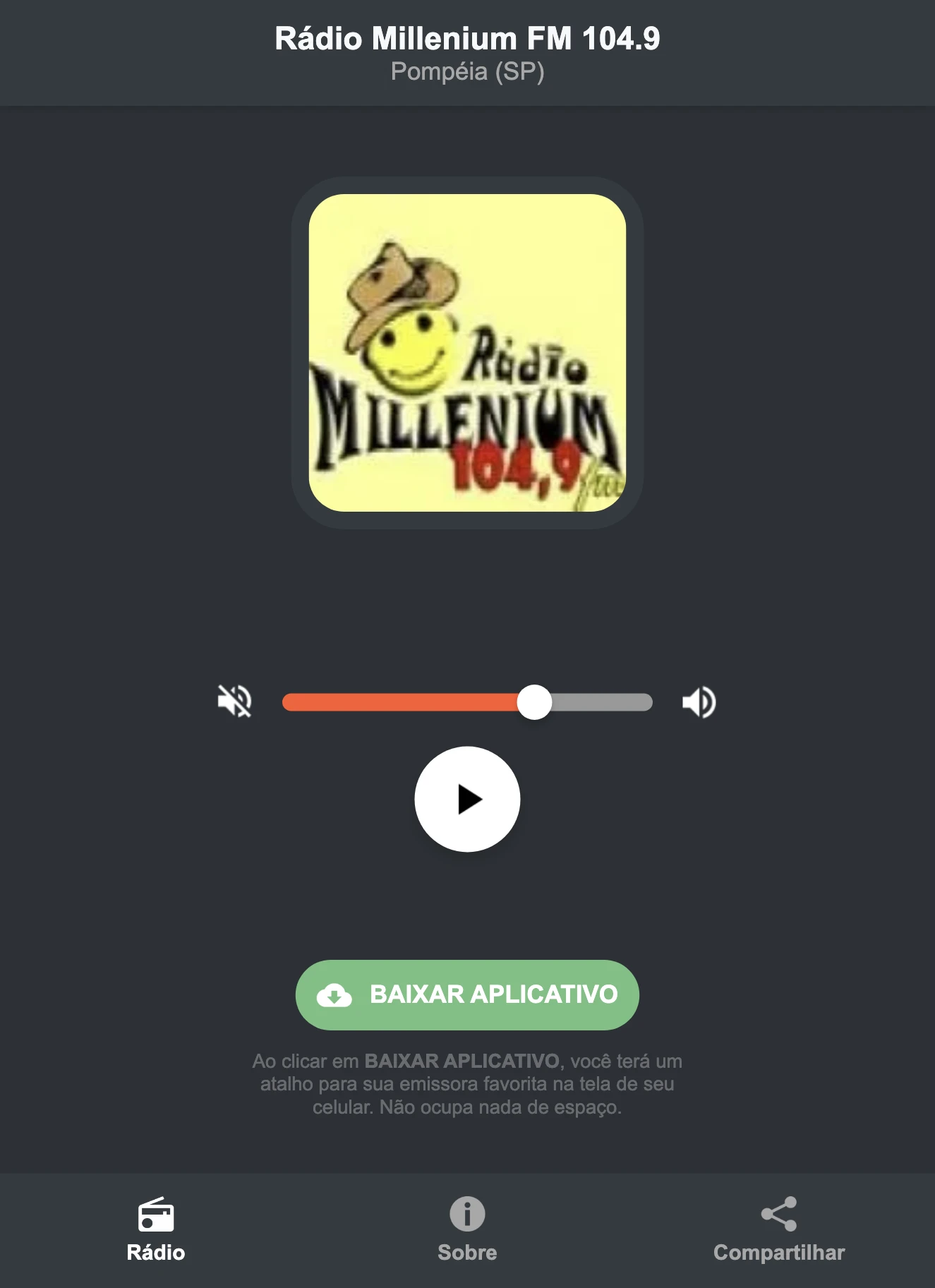 Screenshot do aplicativo da Rádio Millenium FM 104.9