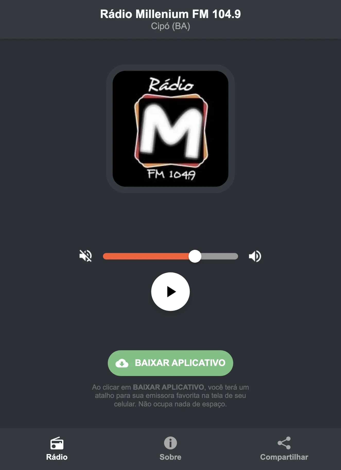 Screenshot do aplicativo da Rádio Millenium FM 104.9