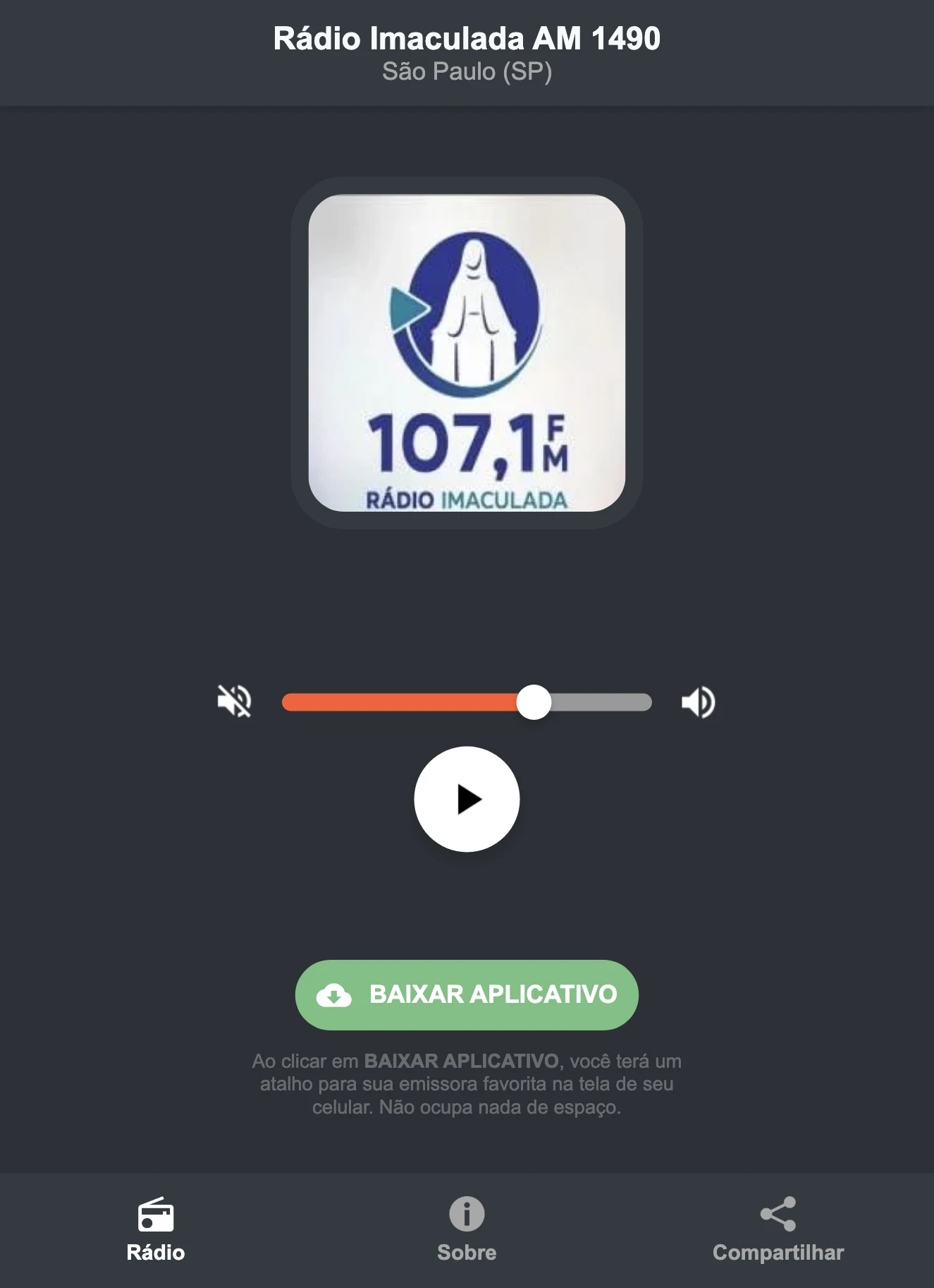 Screenshot do aplicativo da Rádio Imaculada AM 1490