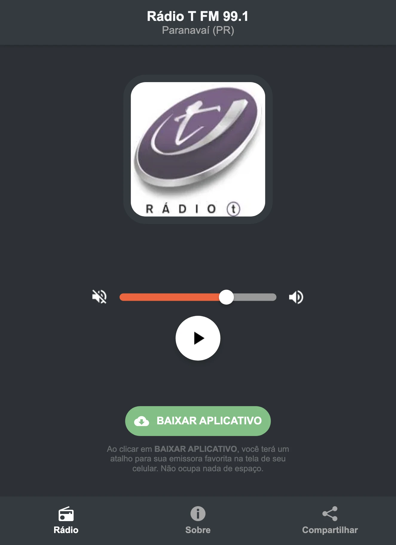 Screenshot do aplicativo da Rádio T FM 99.1