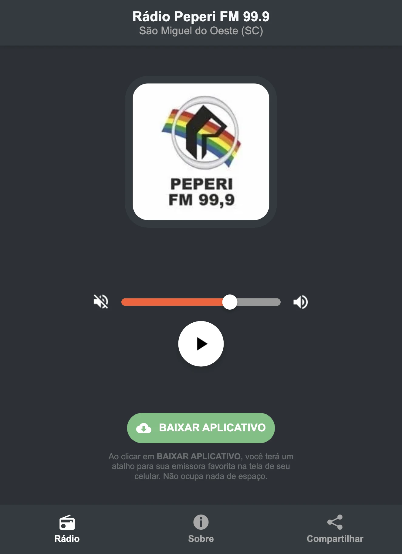 Screenshot do aplicativo da Rádio Peperi FM 99.9